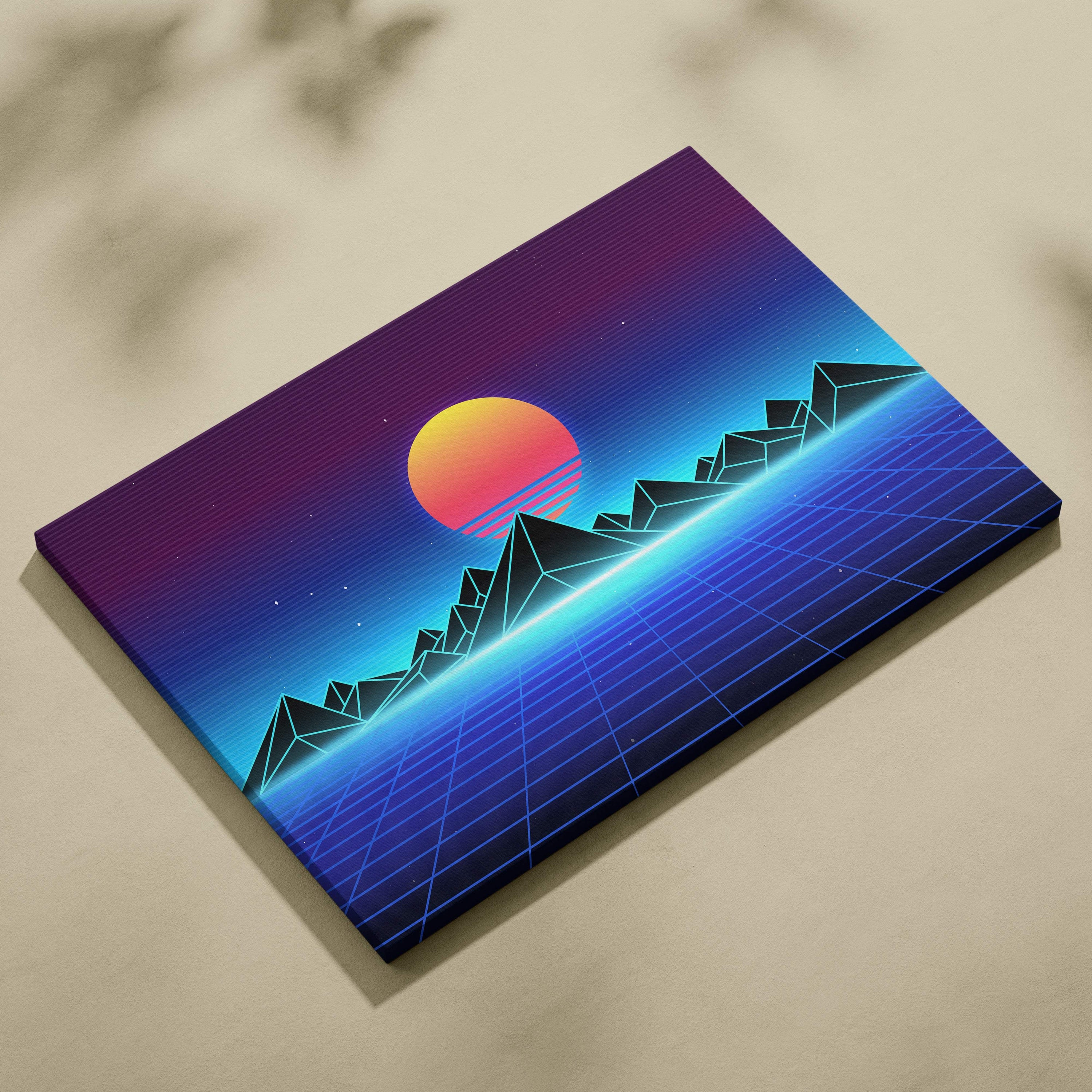 Retrowave neon mountain grid canvas art print with glowing orange sun over geometric mountains on stretched fabric