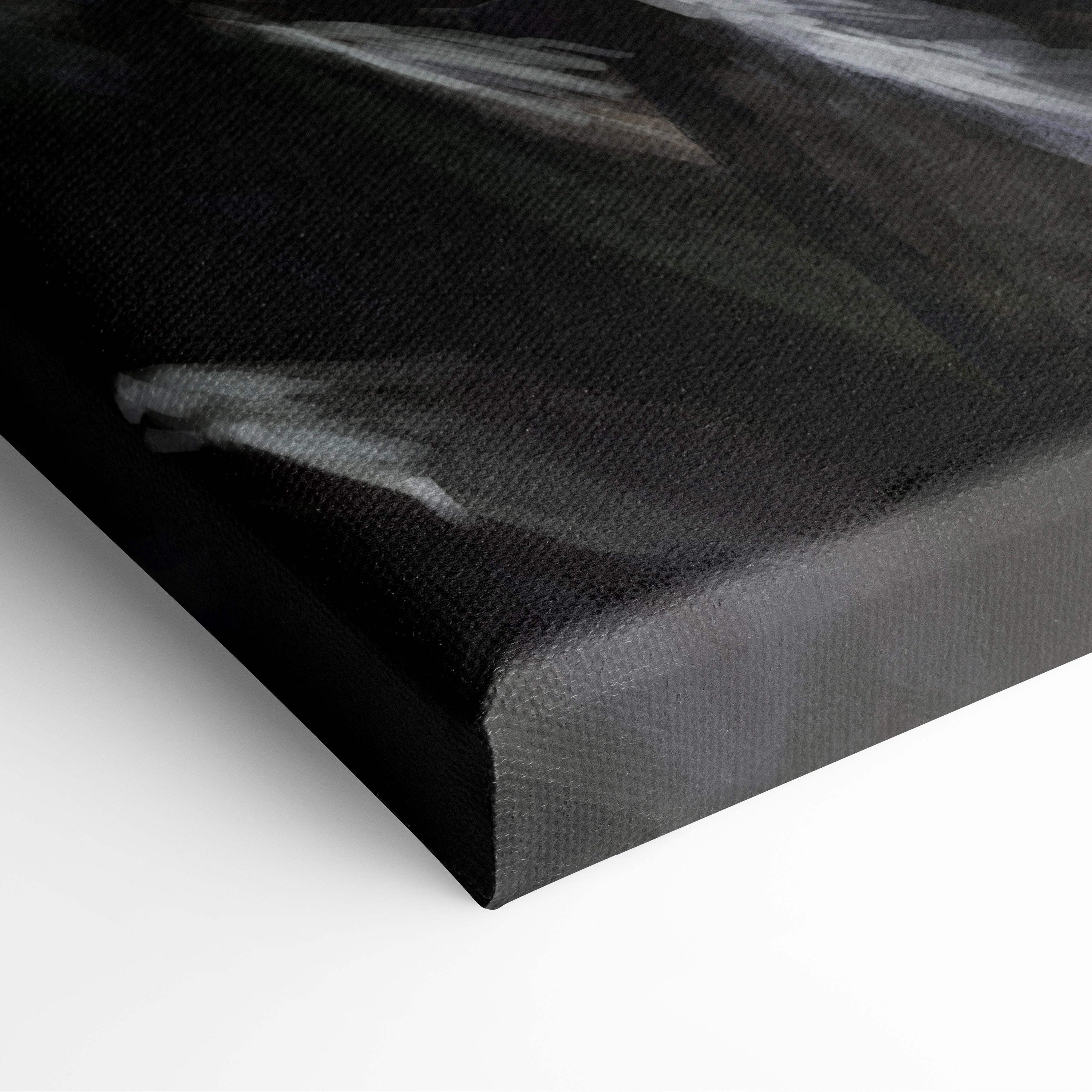 Black canvas print with textured surface and subtle gray brushstrokes fantasy huntress blue gold monster battle artwork