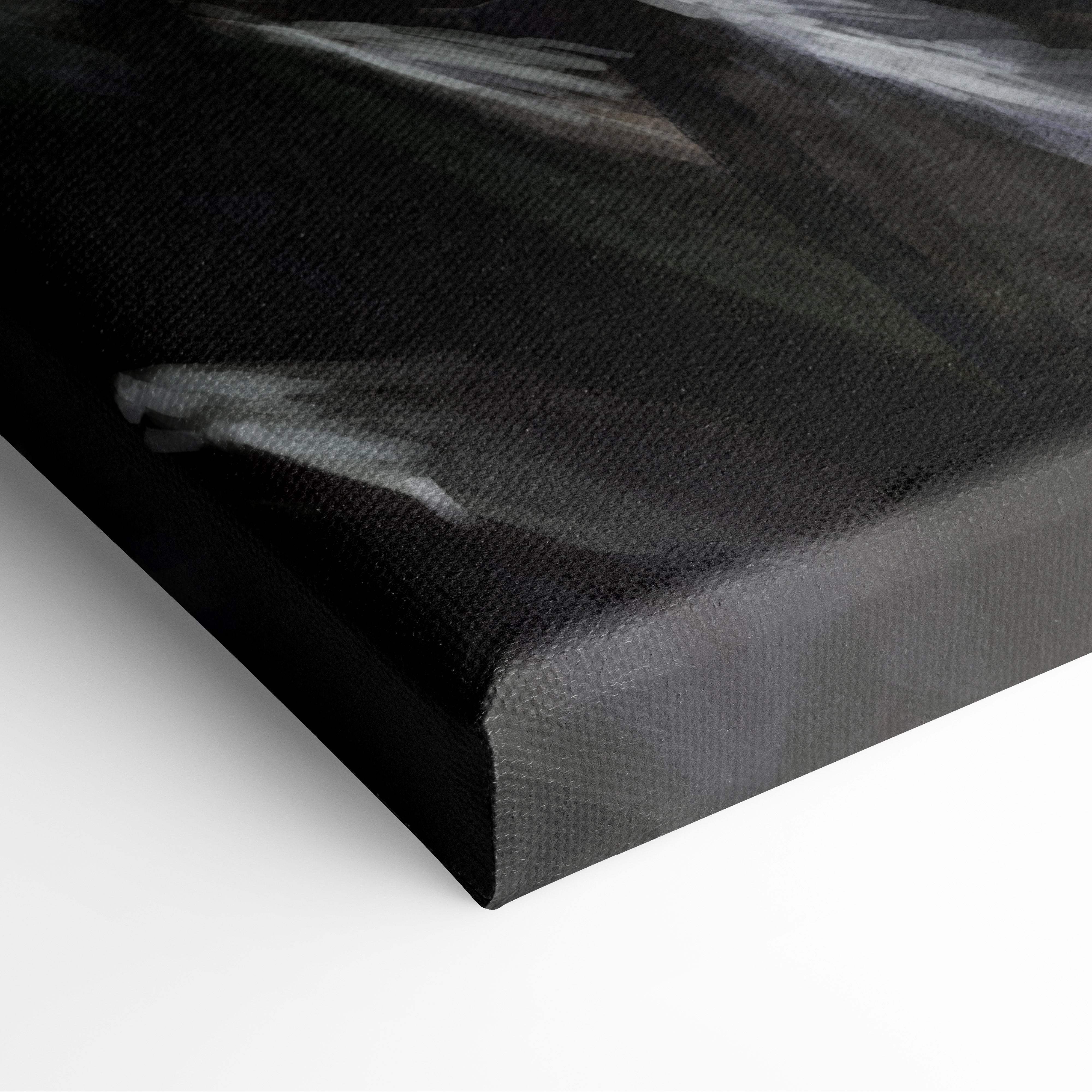 Black canvas print with textured surface and subtle gray brushstrokes fantasy huntress blue gold monster battle artwork