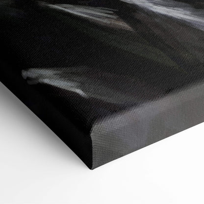 Black canvas print with textured surface and subtle gray brushstrokes fantasy huntress blue gold monster battle artwork
