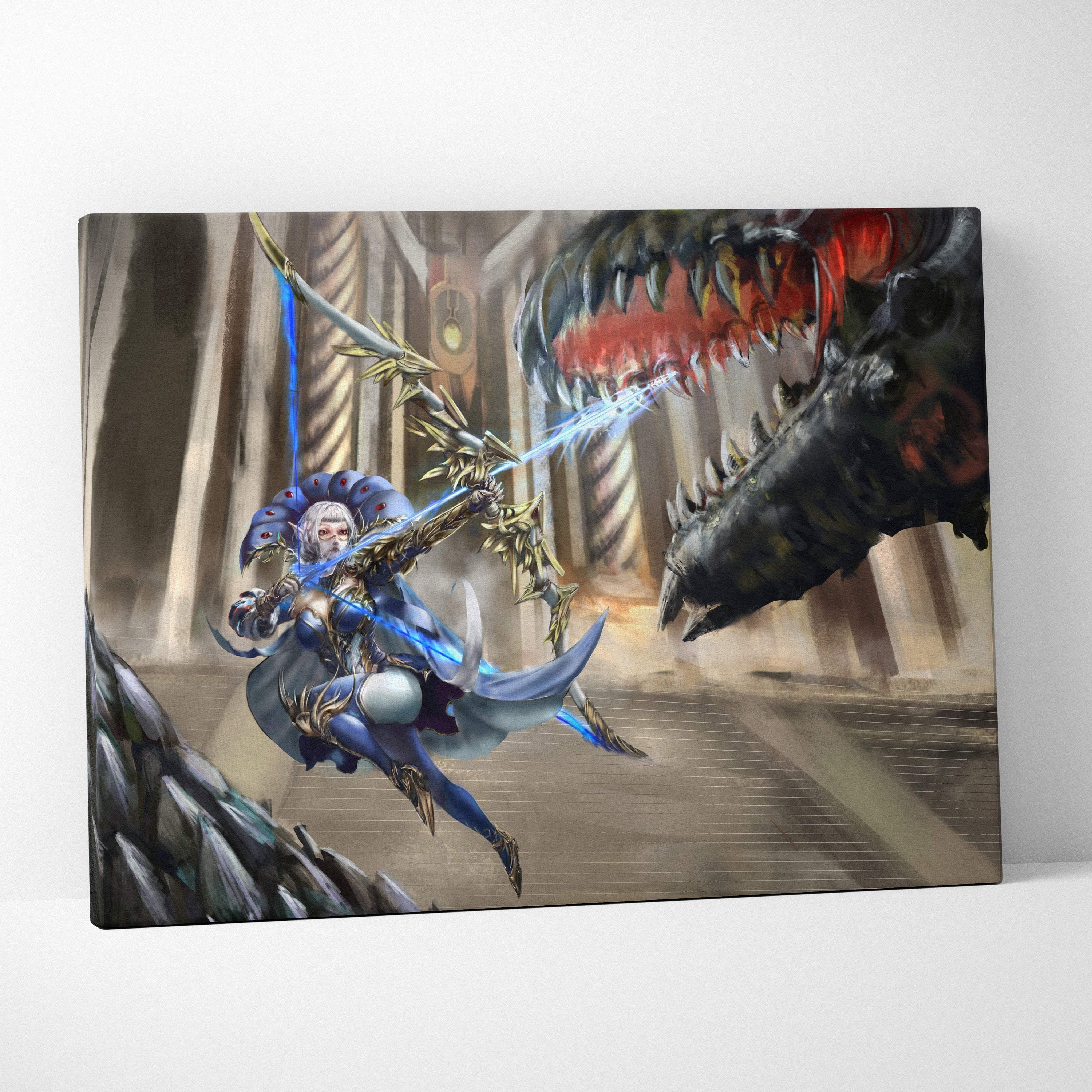 Fantasy huntress canvas print in blue and gold depicting an epic dragon slayer battle scene in cinematic style artwork