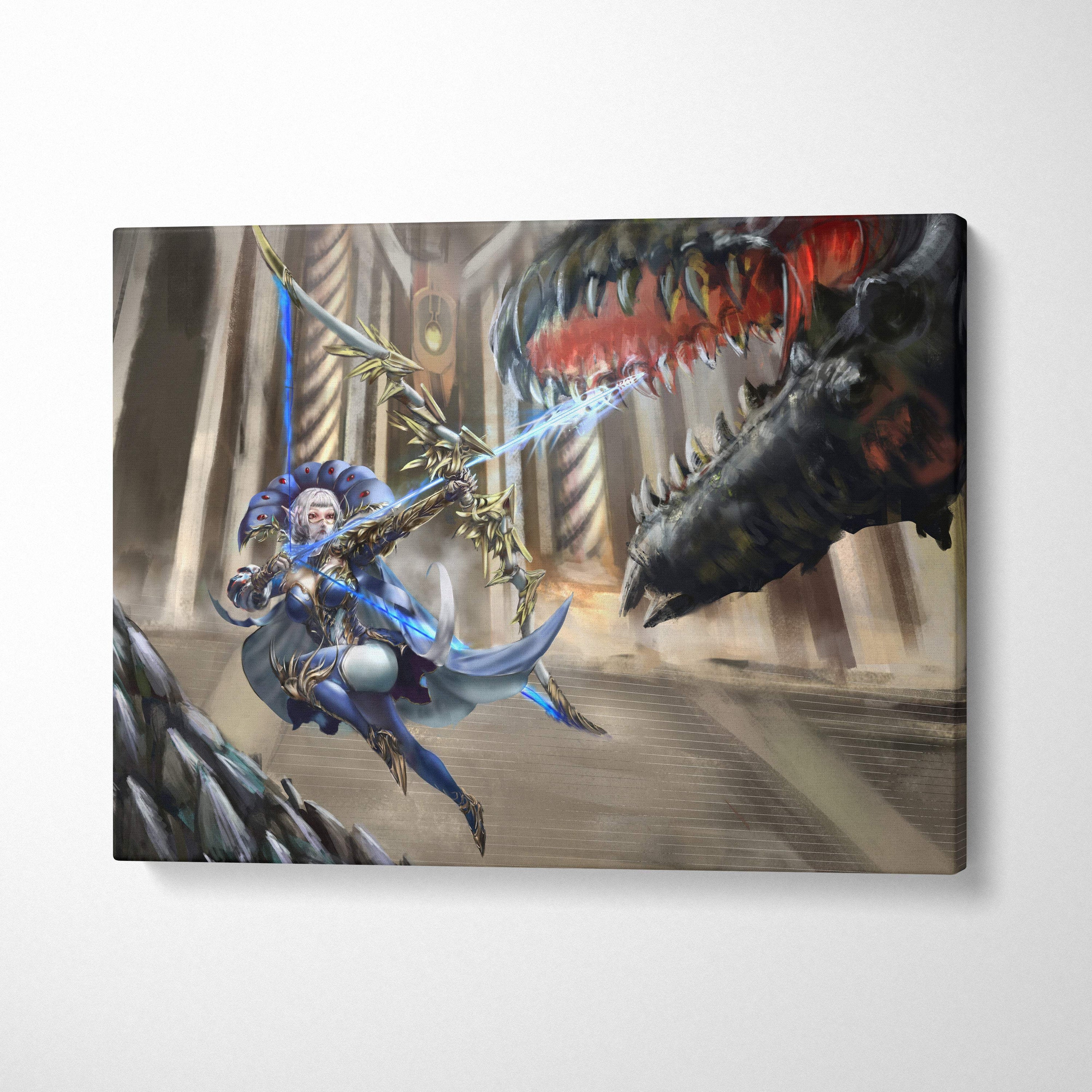 Fantasy huntress canvas print featuring a warrior in blue gold armor with glowing sword battling a black dragon in stone temple