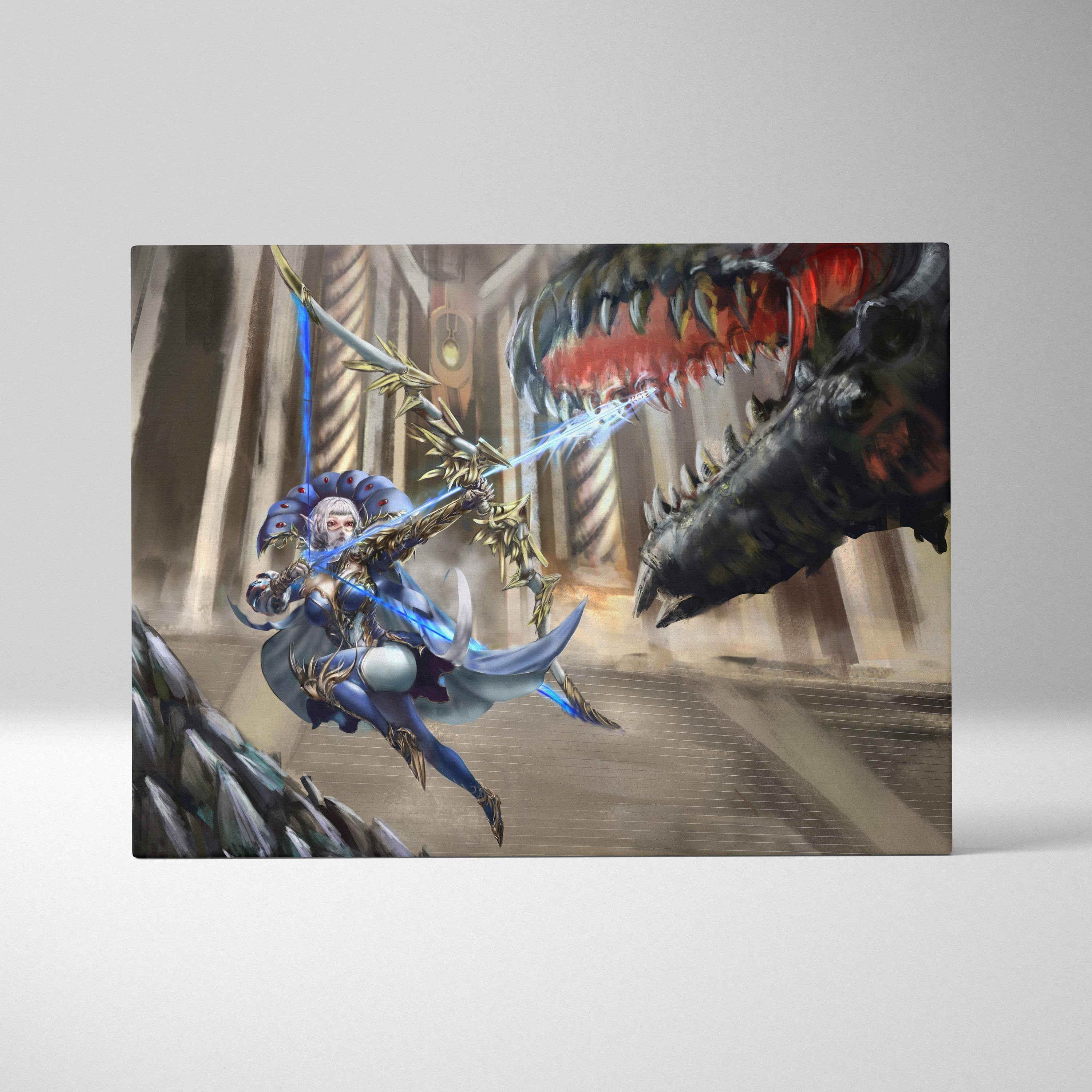 Fantasy huntress canvas print of blue armored warrior with silver hair wielding glowing sword facing black dragon in stone temple