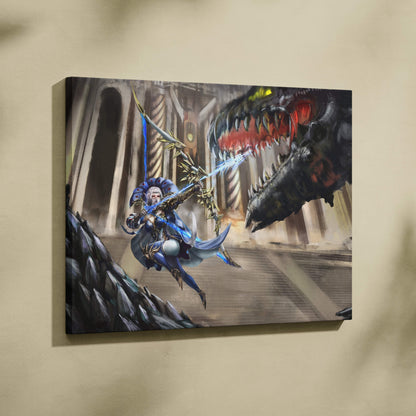 A rectangular fantasy huntress canvas print of a blue armored archer battling a black dragon in cinematic style
