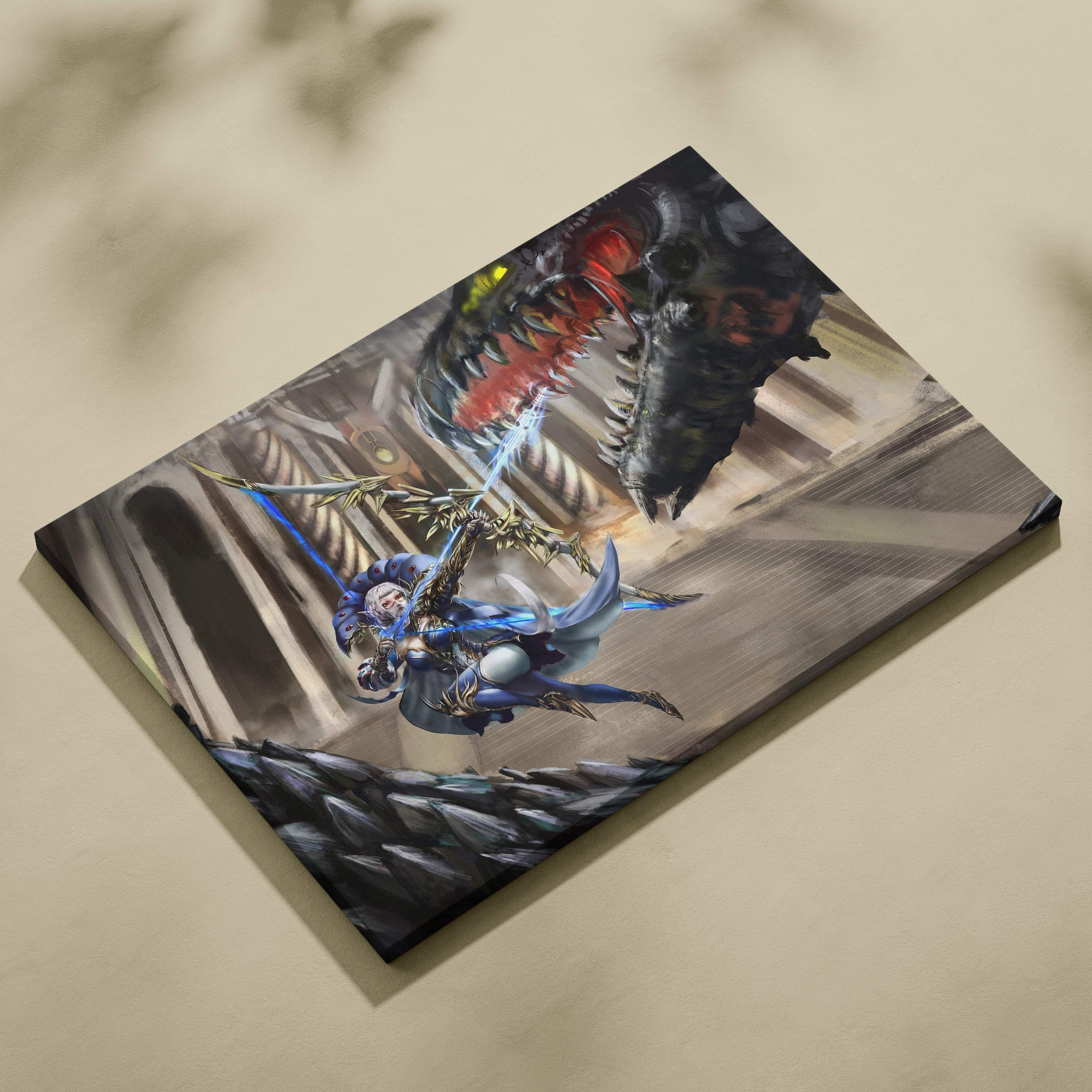 Fantasy huntress canvas print of a blue-armored warrior with glowing sword battling a black dragon on ruins backdrop