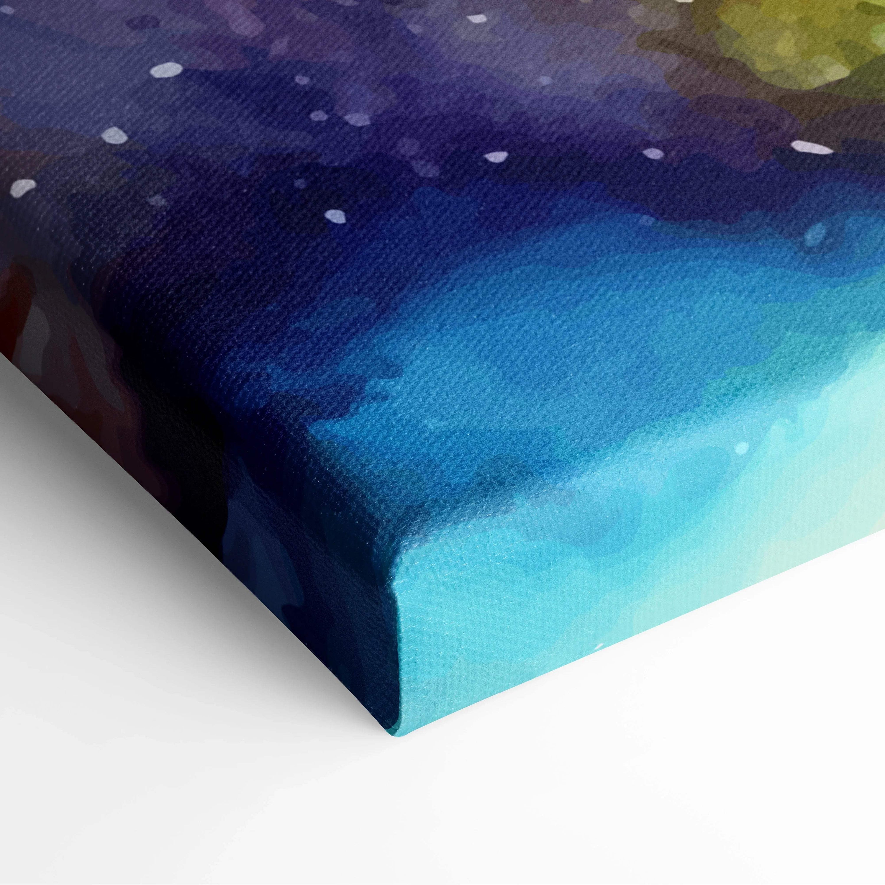 Vibrant watercolor tropical palm sunset with purple-turquoise gradient sky and stars