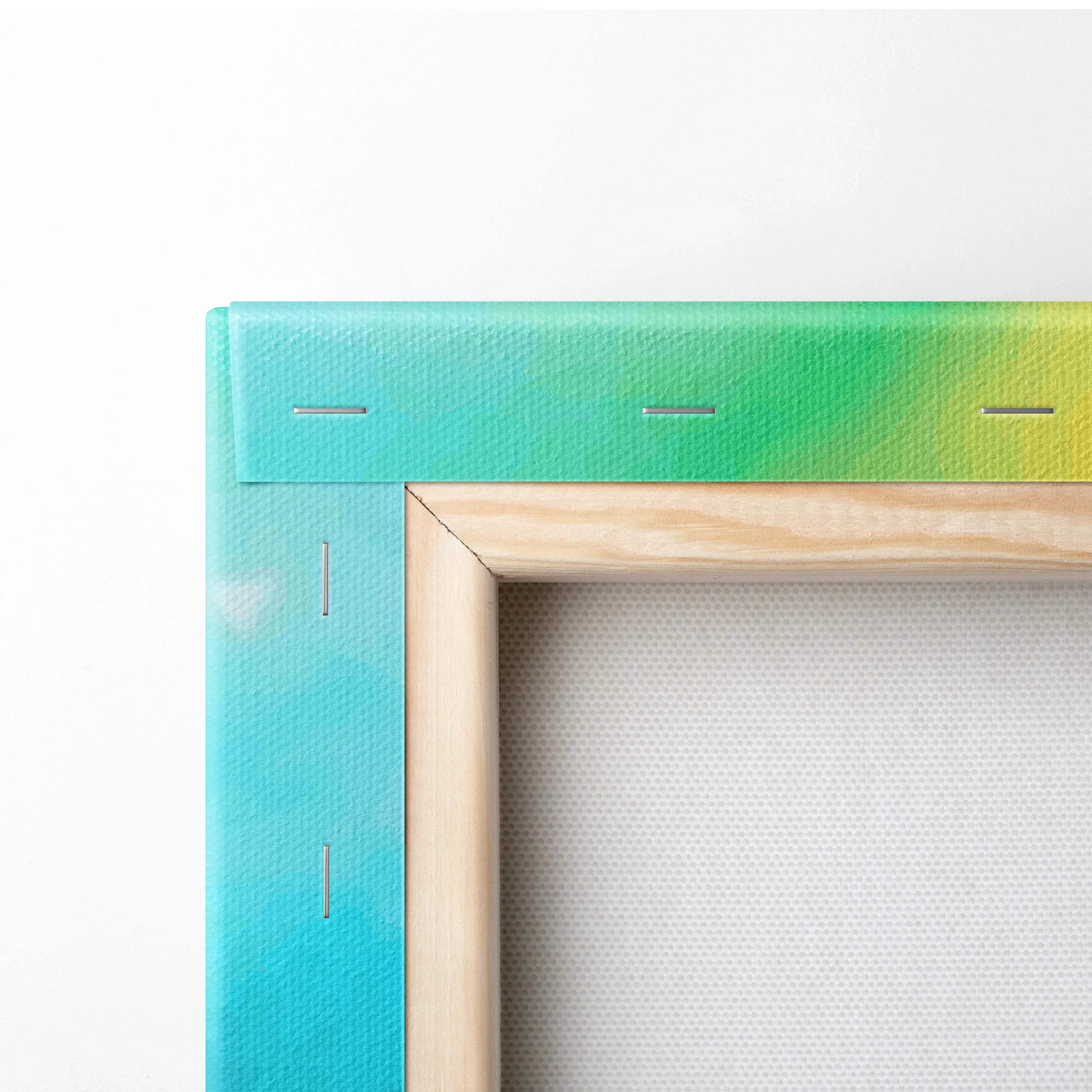 Tropical palm sunset watercolor canvas back: teal-yellow gradient, wood frame, stitched edge