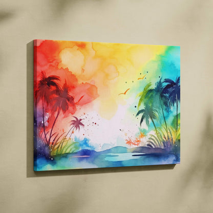 Vibrant watercolor tropical palm trees sunset with rainbow sky and birds canvas art
