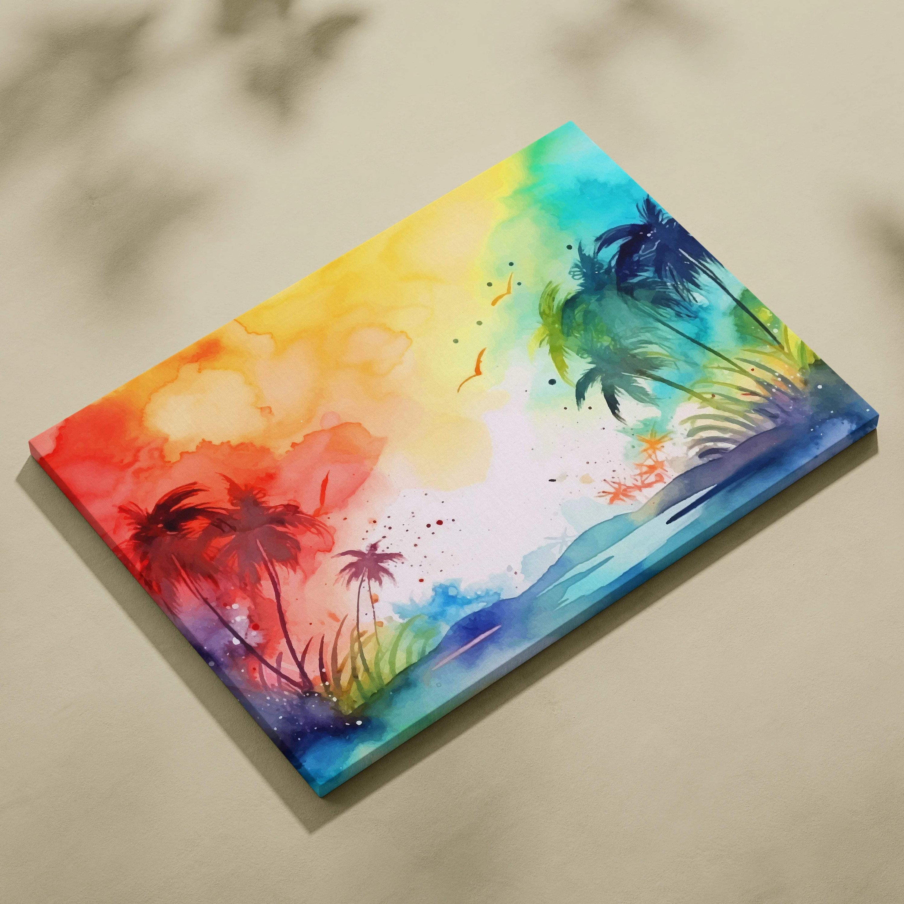 Vibrant watercolor tropical palm sunset canvas wall art in red yellow turquoise blue