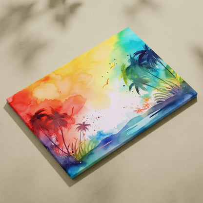 Vibrant watercolor tropical palm sunset canvas wall art in red yellow turquoise blue