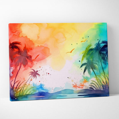 Vibrant watercolor tropical palm sunset canvas with orange yellow turquoise blue sky birds