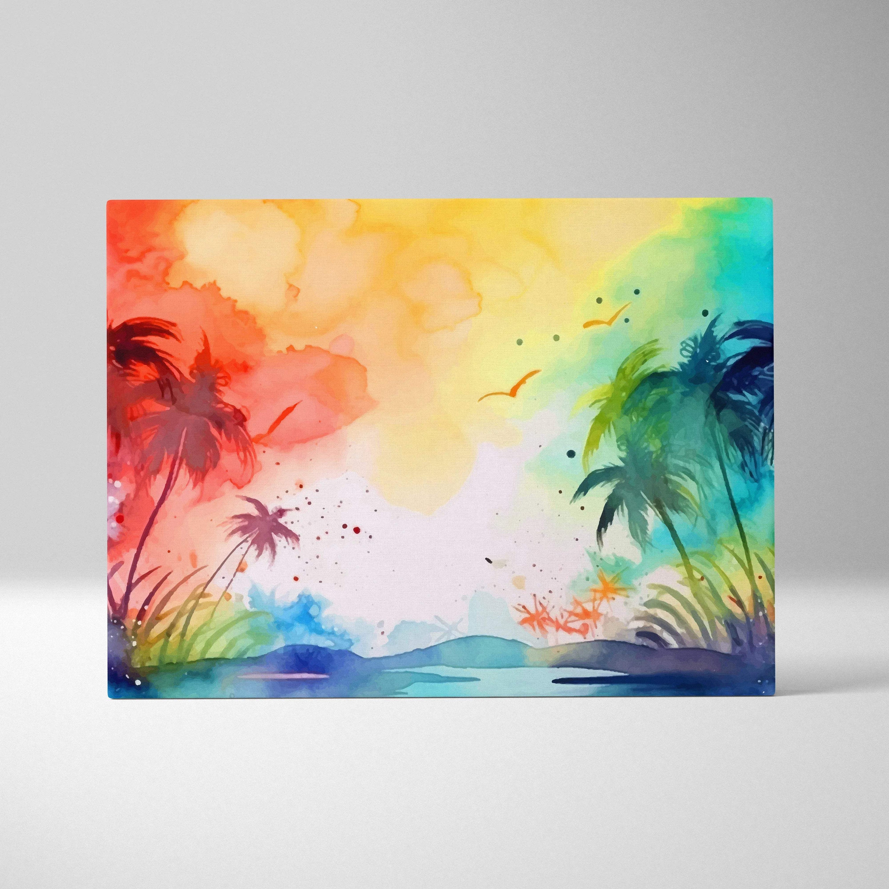 Vibrant watercolor tropical palm sunset canvas with birds, orange yellow turquoise blue sky
