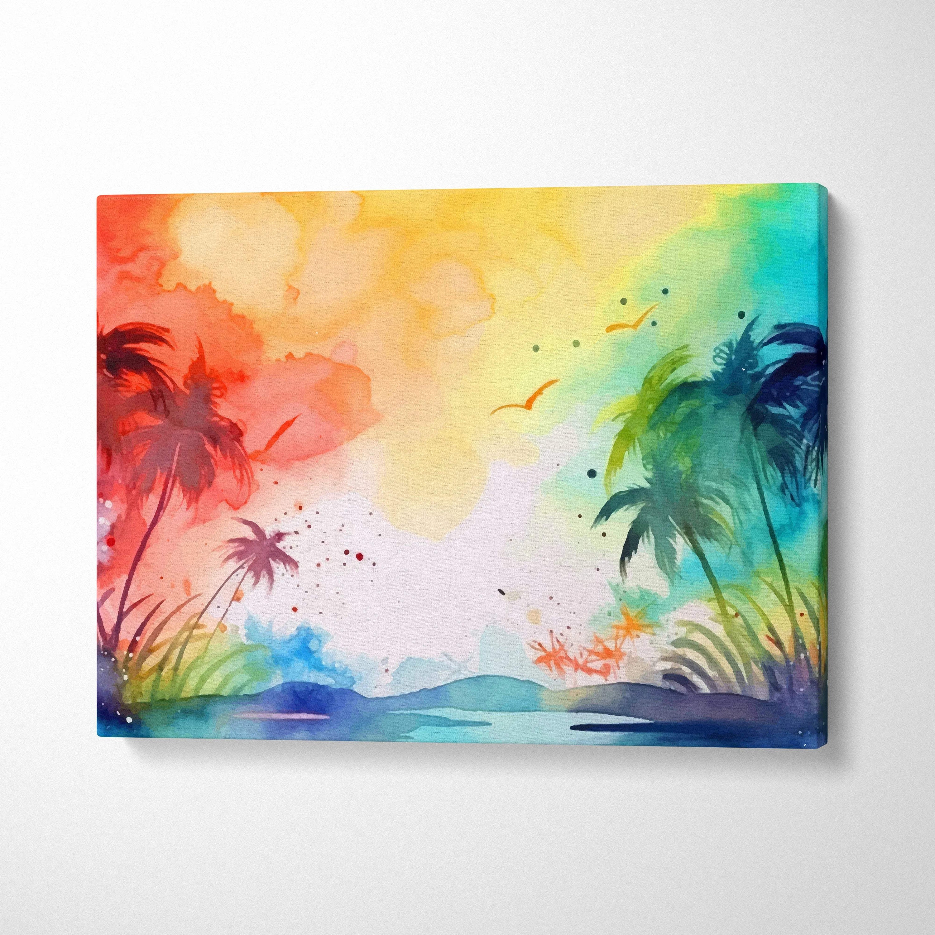 Vibrant watercolor tropical palm sunset canvas wall art in orange yellow turquoise blue