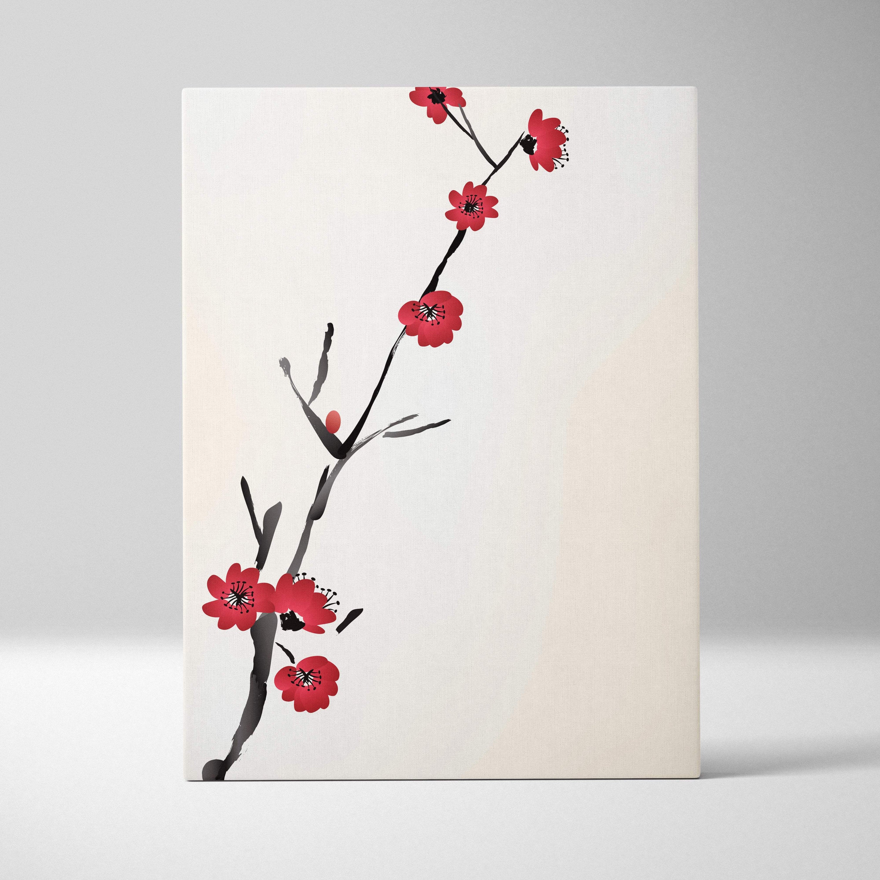 Red cherry blossom canvas wall art with delicate red blossoms and black ink on off white minimalist background