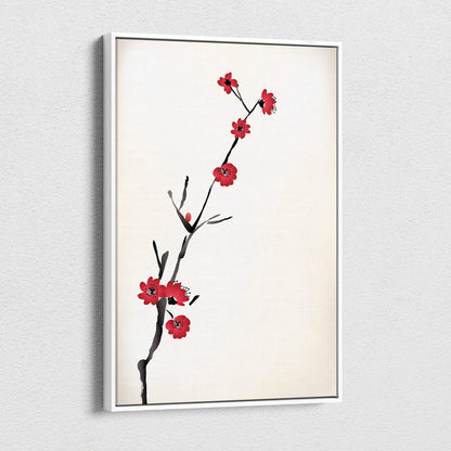 Minimalist red cherry blossom canvas wall art with stylized branch in asian ink painting style for calm zen decor