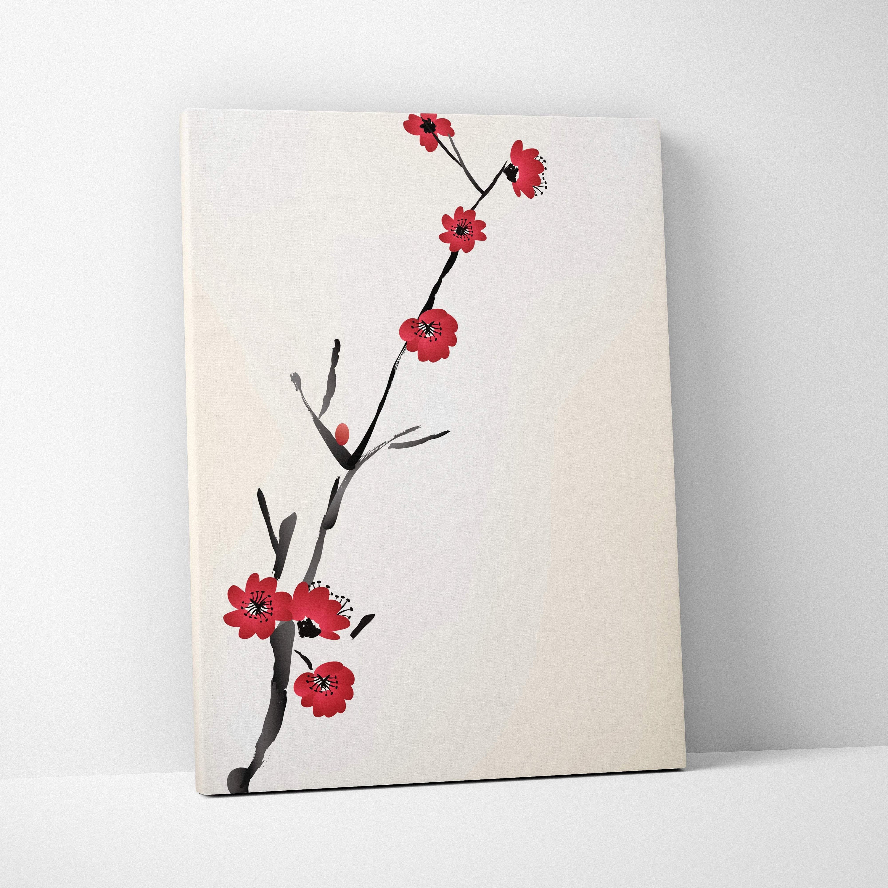 Red cherry blossom canvas wall art featuring vibrant red blossoms and dark ink branches in minimalist asian ink style
