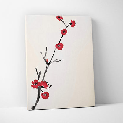 Red cherry blossom canvas wall art featuring vibrant red blossoms and dark ink branches in minimalist asian ink style