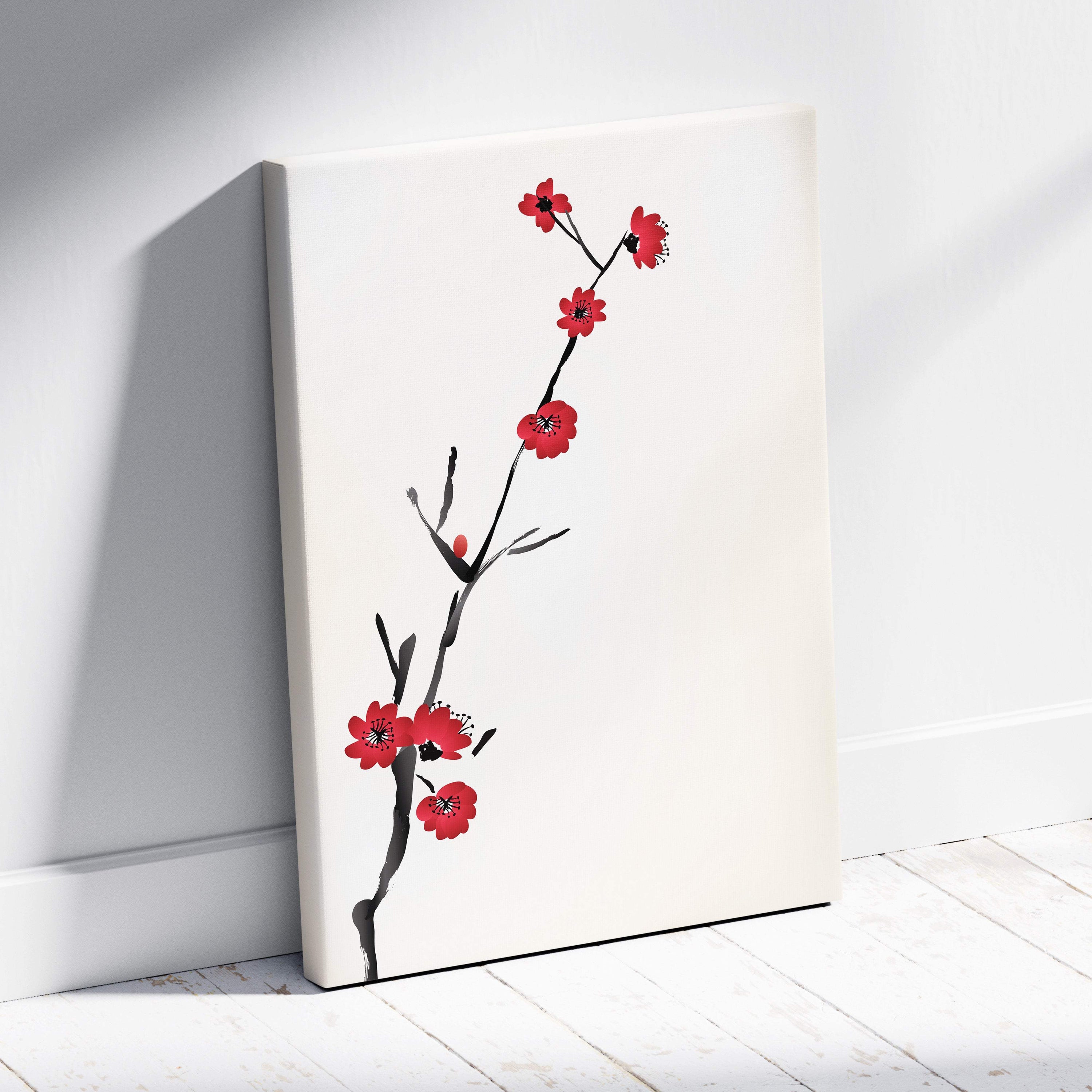 Red cherry blossom canvas wall art with minimalist asian ink painting style featuring red flowers on black stems
