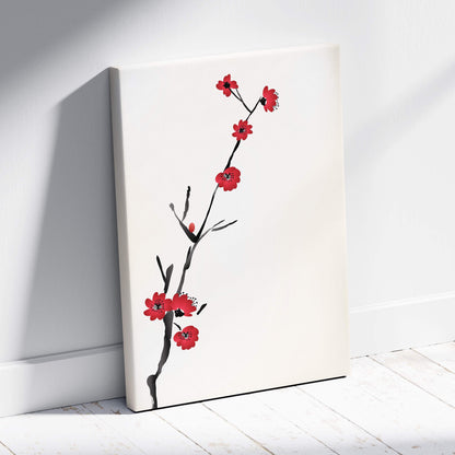 Red cherry blossom canvas wall art with minimalist asian ink painting style featuring red flowers on black stems