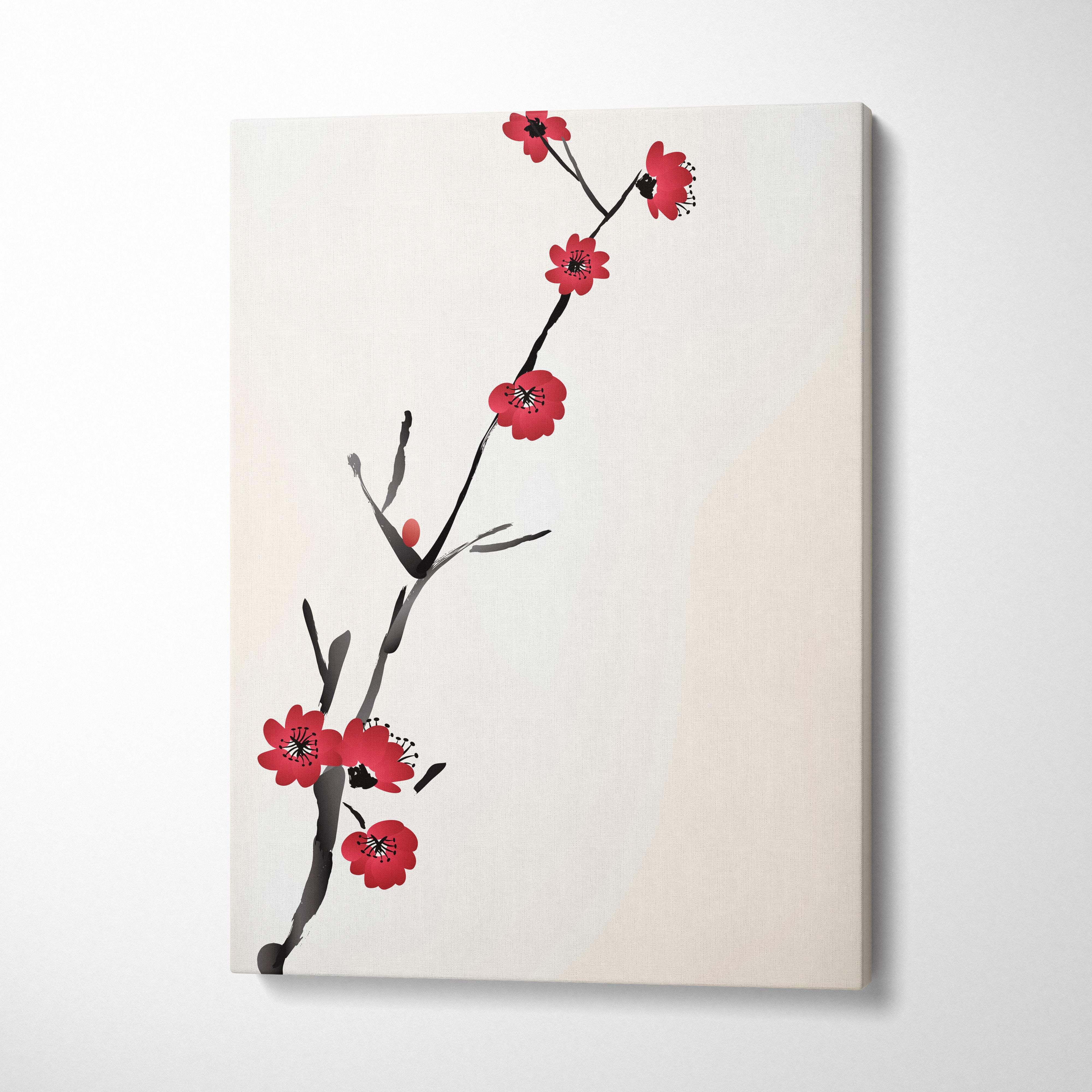 Red cherry blossom canvas wall art with minimalist black stems on cream background in asian ink painting style