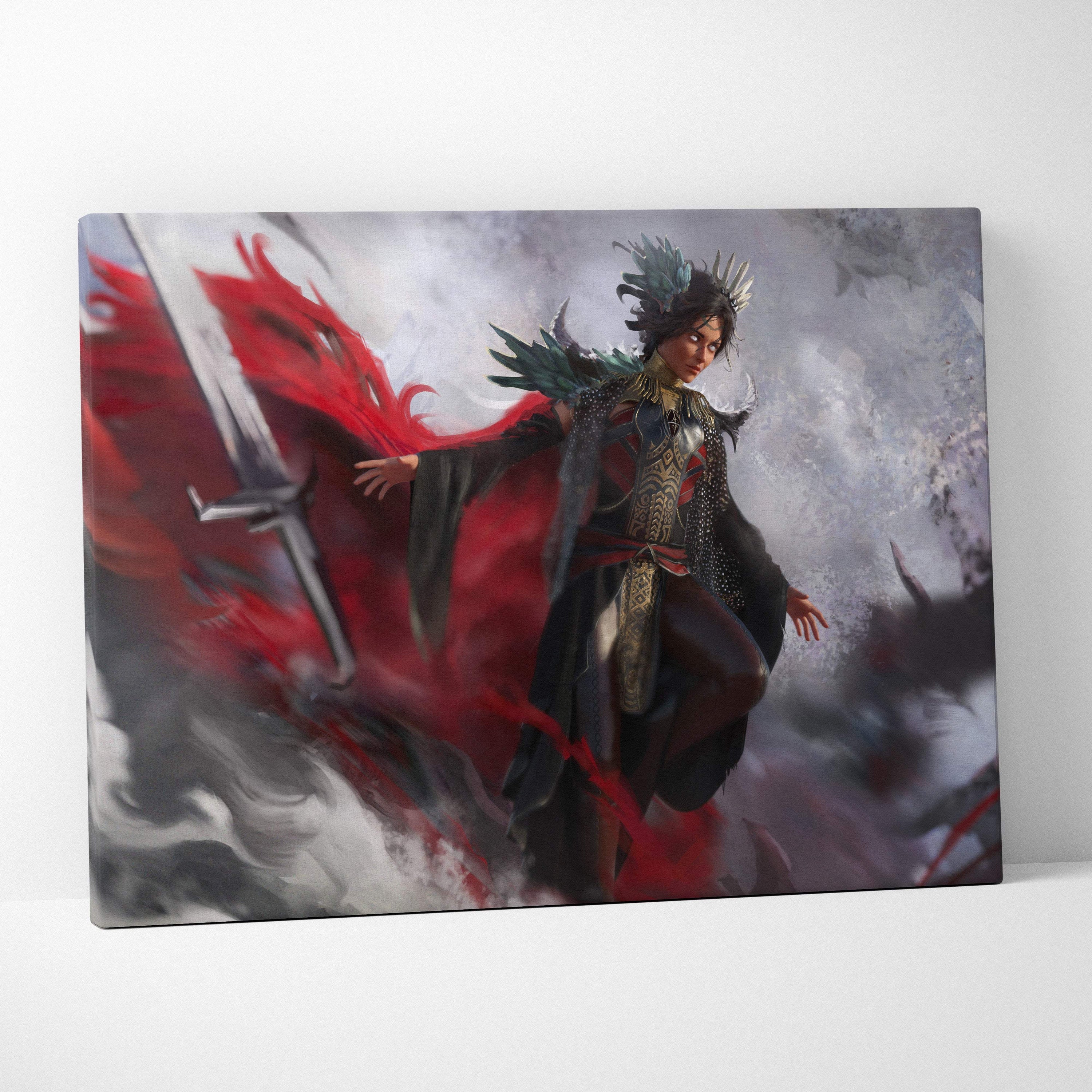 Dark valkyrie ascension canvas art of a black and red fantasy warrior with gold armor and winged feathered crown design