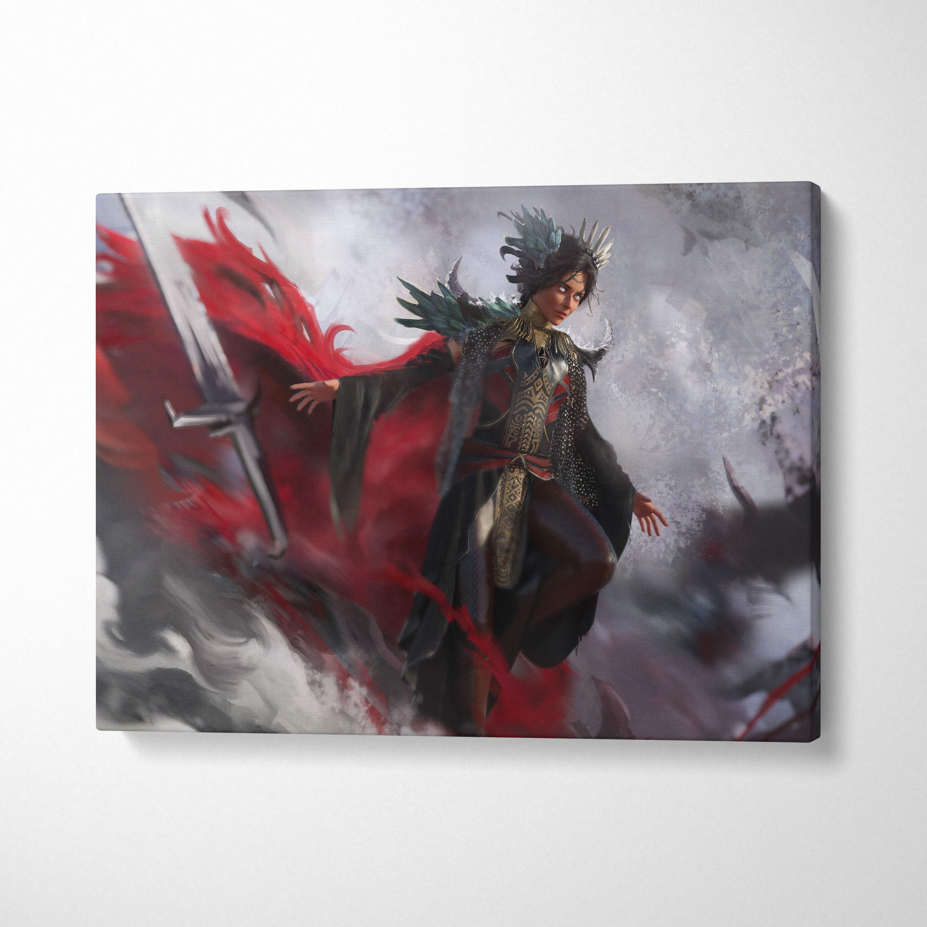 Dark valkyrie ascension canvas art featuring a black and red winged warrior queen with feathered crown and flowing cape