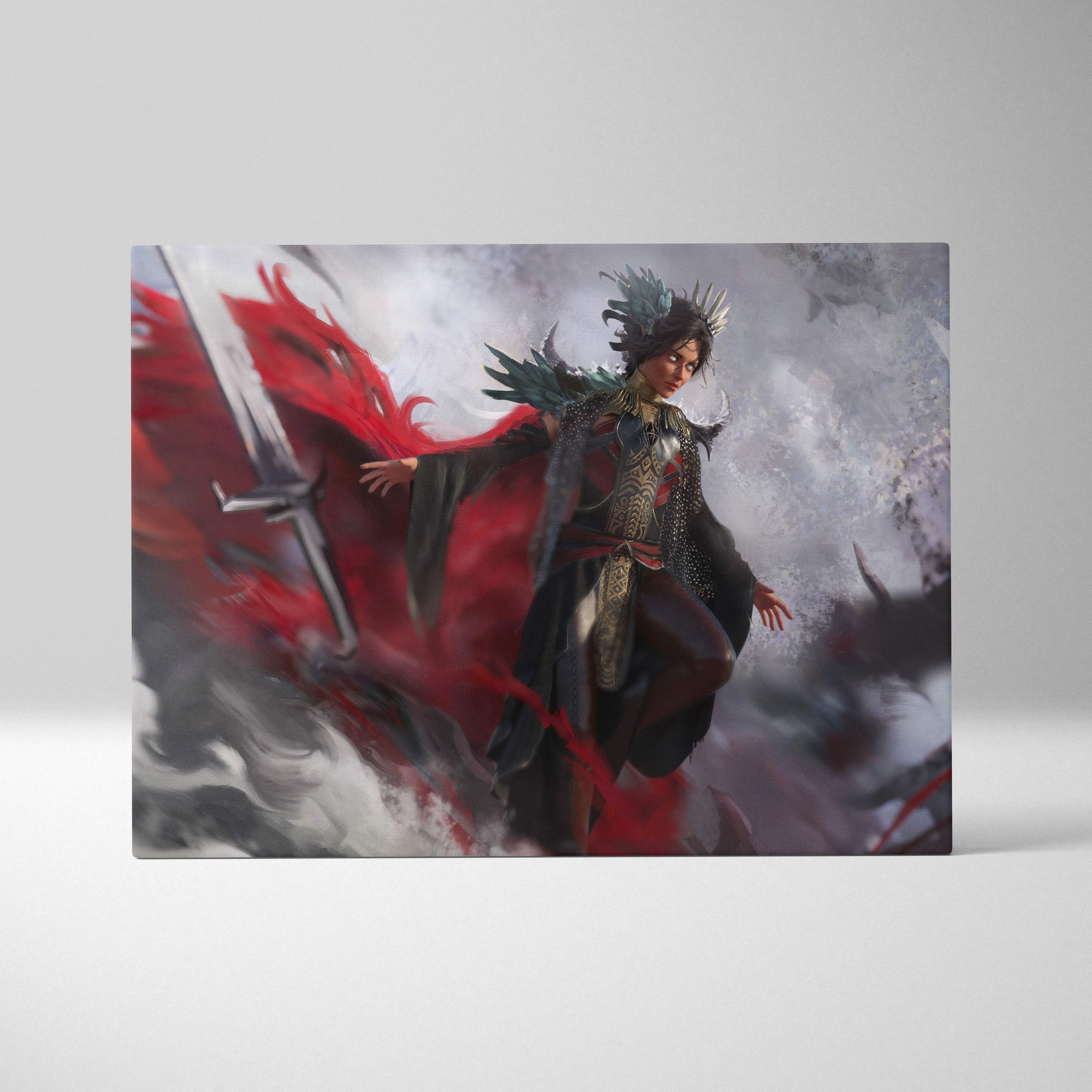 Dark valkyrie ascension canvas art featuring a winged warrior queen in dark armor with red cape and stormy gray clouds background
