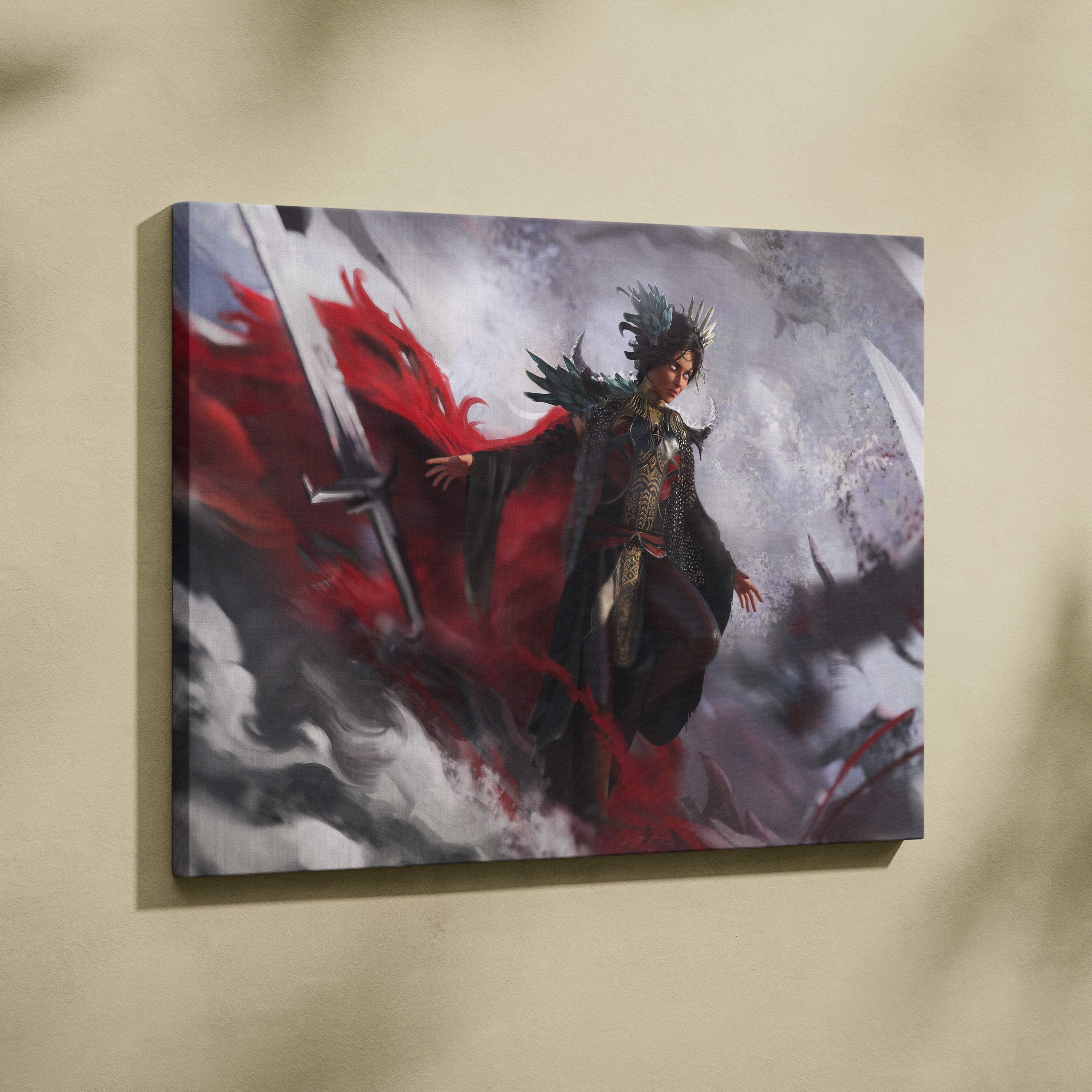 Dark valkyrie ascension canvas art featuring a black and red winged warrior queen with floating sword and stormy clouds background