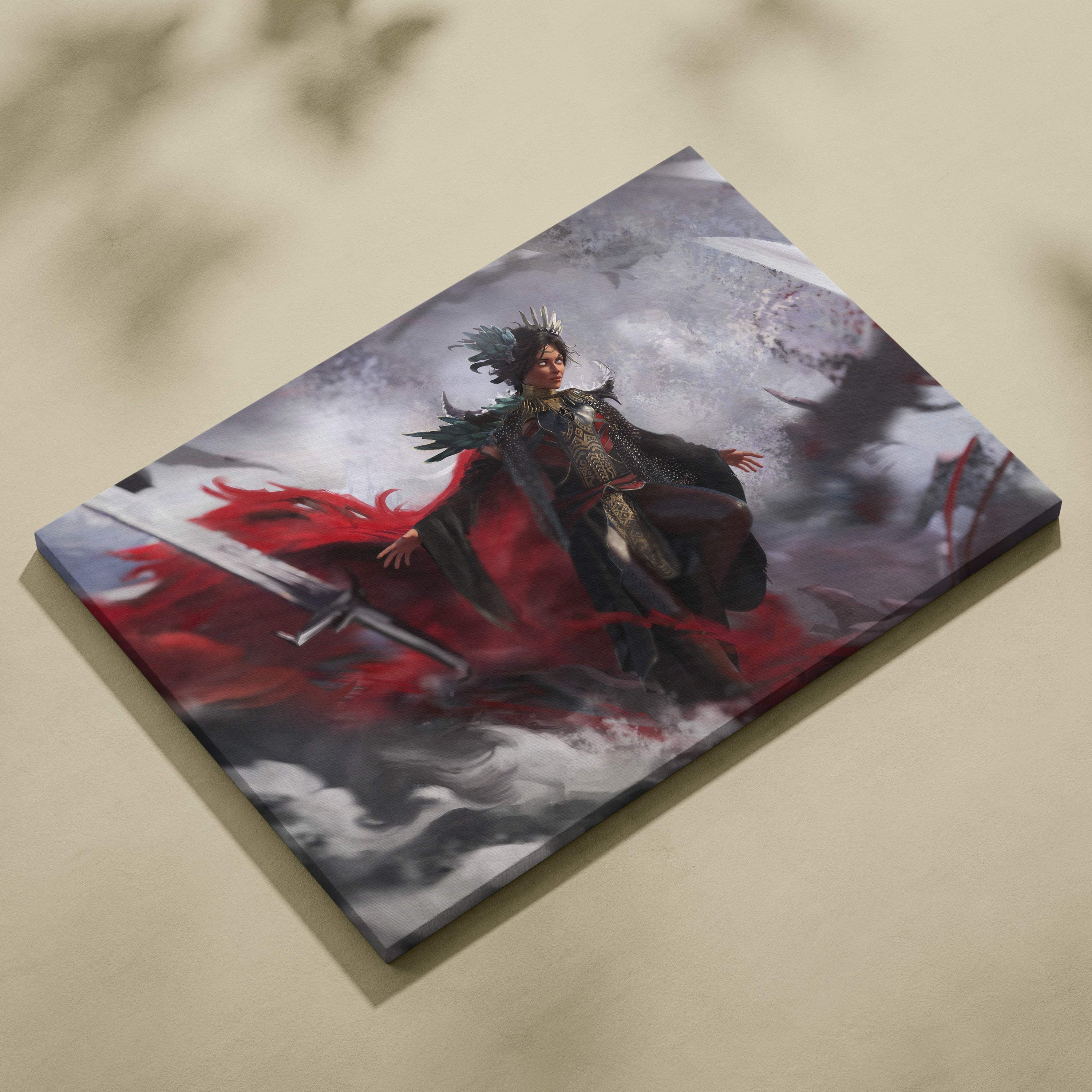Dark valkyrie ascension canvas art featuring a fantasy warrior queen in black and red armor with stormy gray clouds background