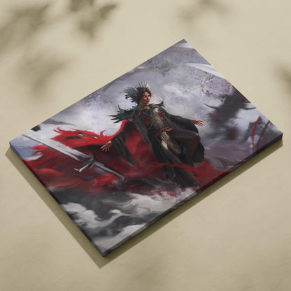 Dark valkyrie ascension canvas art featuring a fantasy warrior queen in black and red armor with stormy gray clouds background