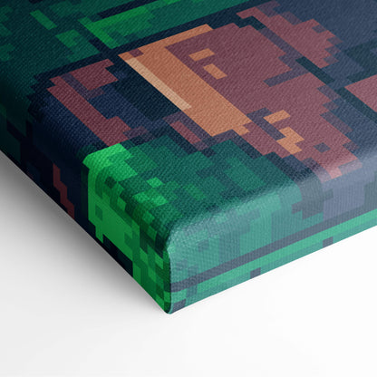 Pixel art forest platformer canvas print featuring a minecraft-style character with brown hair and green blocks for gaming decor