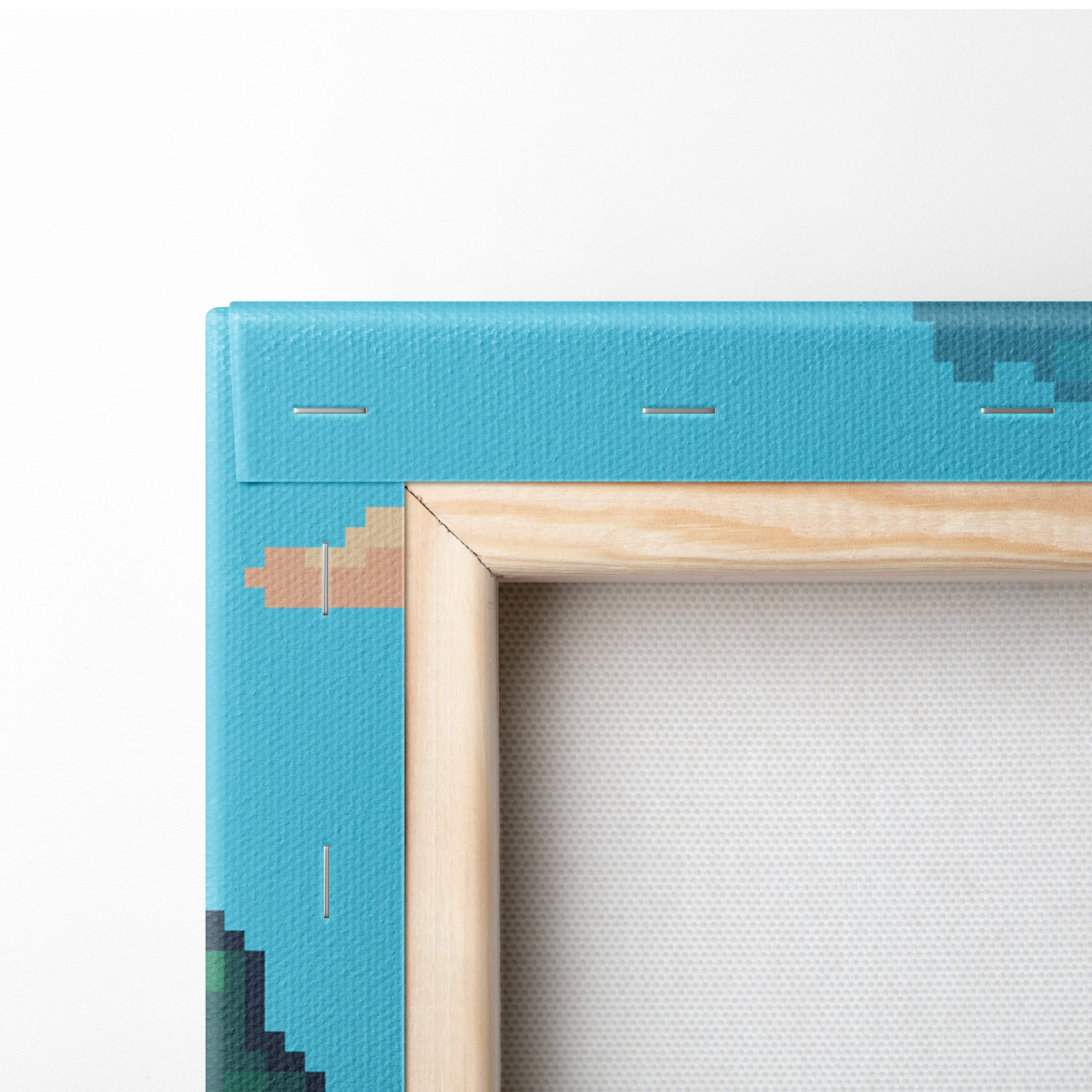 Teal pixel art forest platformer canvas wall art print with light wood frame ideal for gaming room or kids bedroom decor