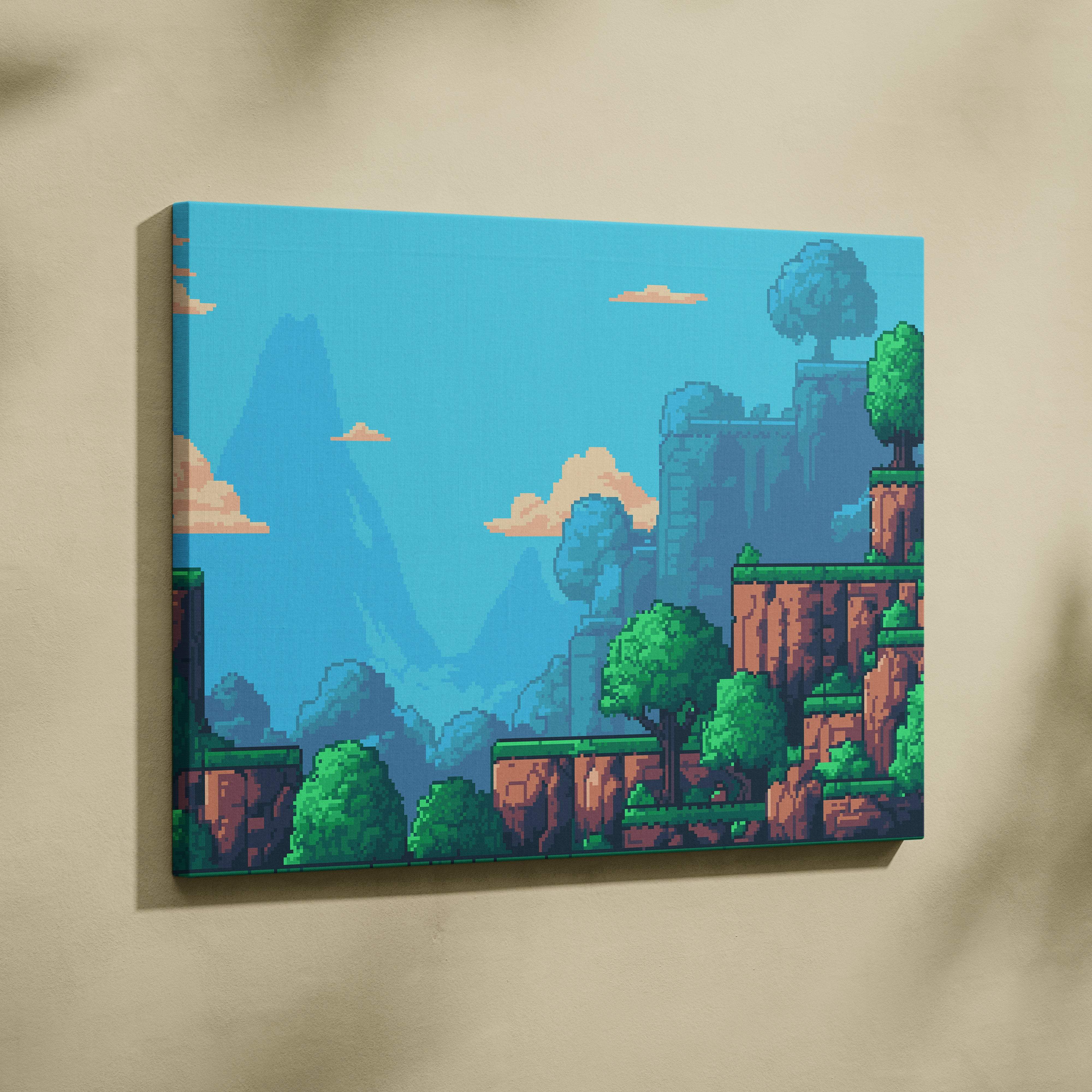 Pixel art forest platformer canvas wall art print featuring vibrant green trees brown cliffs and blue sky for gaming rooms