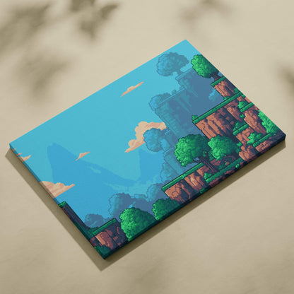 Pixel art forest platformer canvas wall art print with vibrant blue sky green trees and brown cliffs for gaming room decor