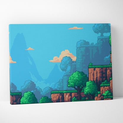 Pixel art forest platformer canvas wall art print with vibrant blue skies orange clouds and green trees on brown cliffs