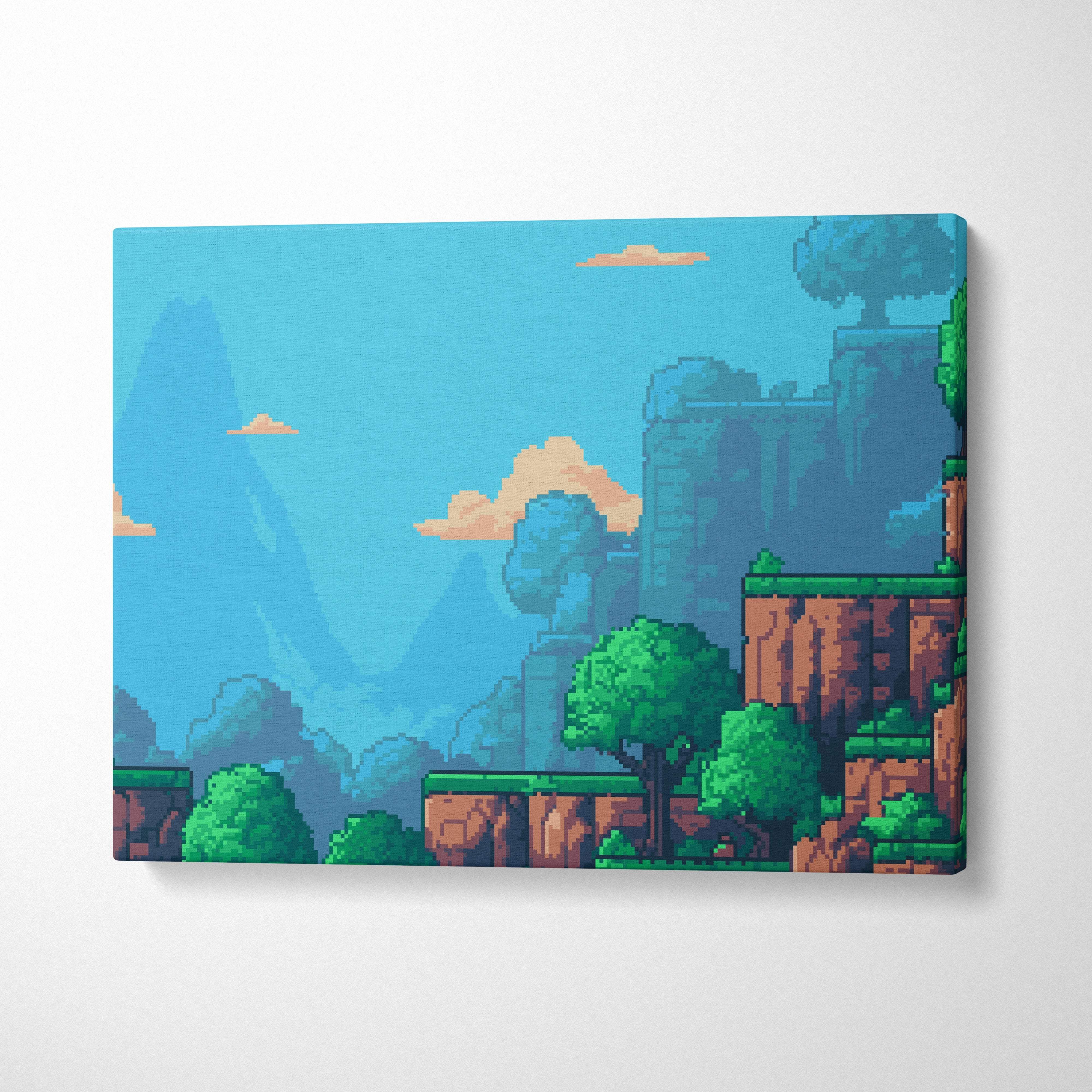Pixel art forest platformer canvas wall art print featuring vibrant turquoise skies orange clouds and green trees on cliffs