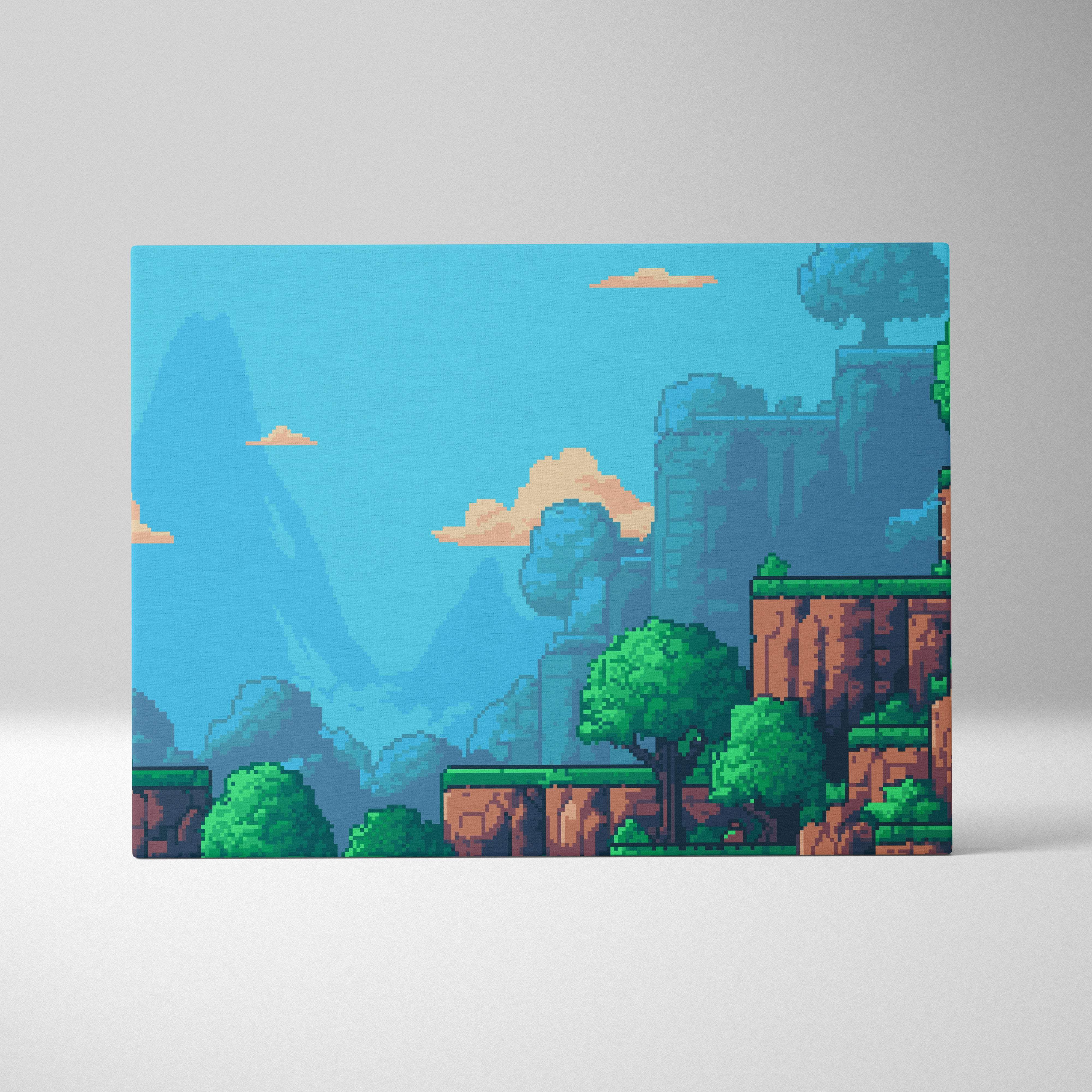 Pixel art forest platformer canvas wall art print with vibrant blue skies green trees and brown rocky cliffs in retro style