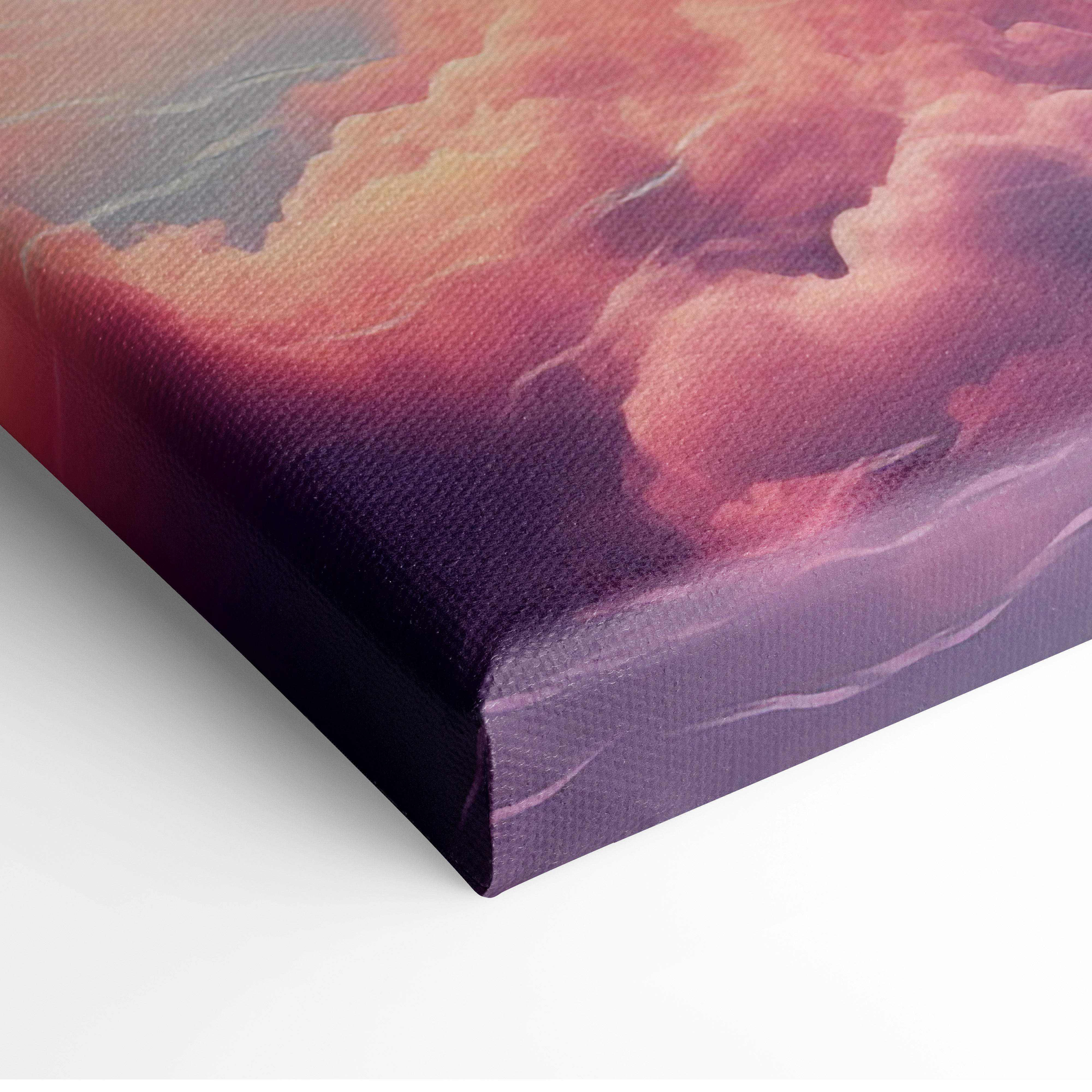 A stretched canvas print featuring vibrant swirling clouds in pink orange and deep purple for abstract wall decor