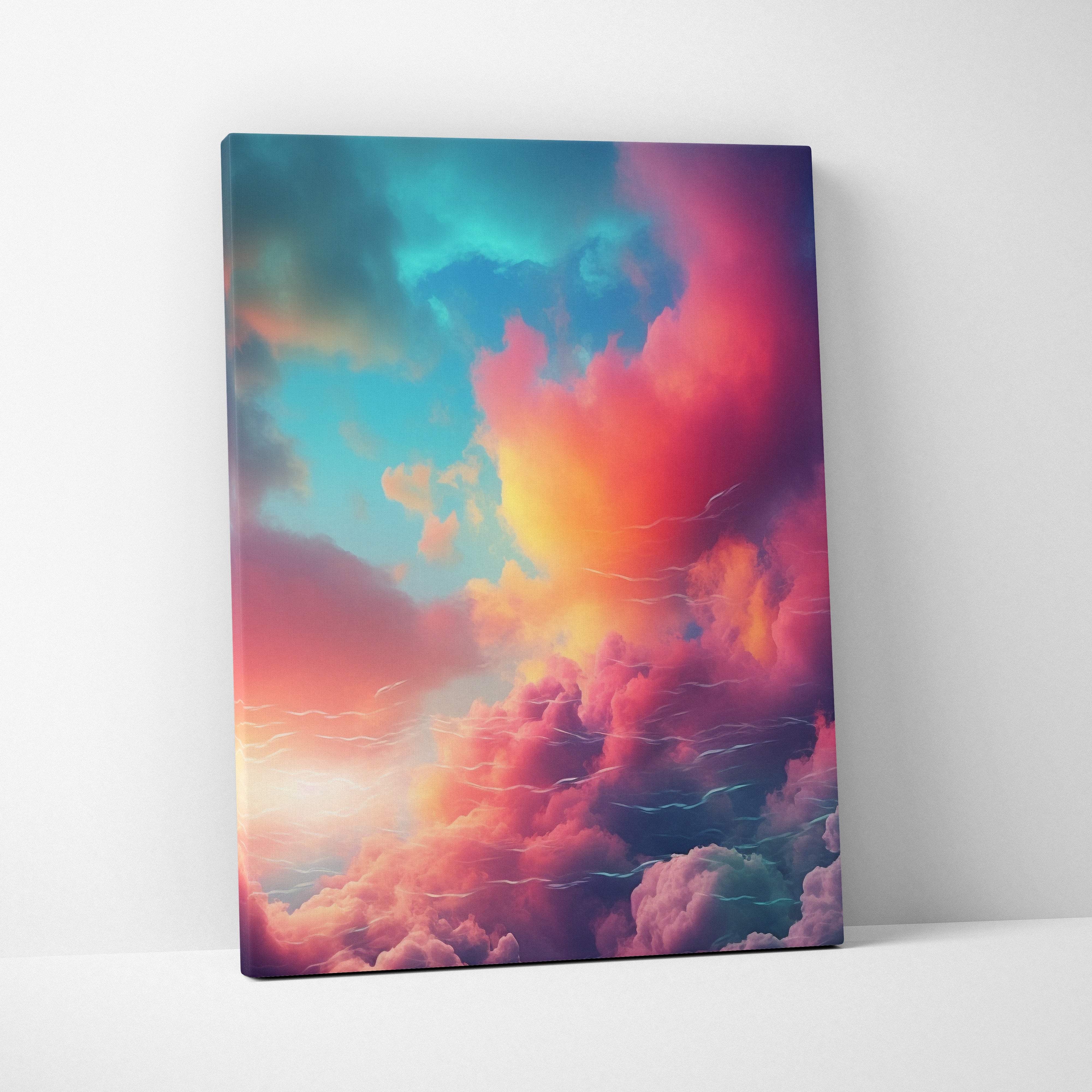 Vibrant canvas art depicting a surreal sky with swirling pink orange teal and purple clouds for wall decor