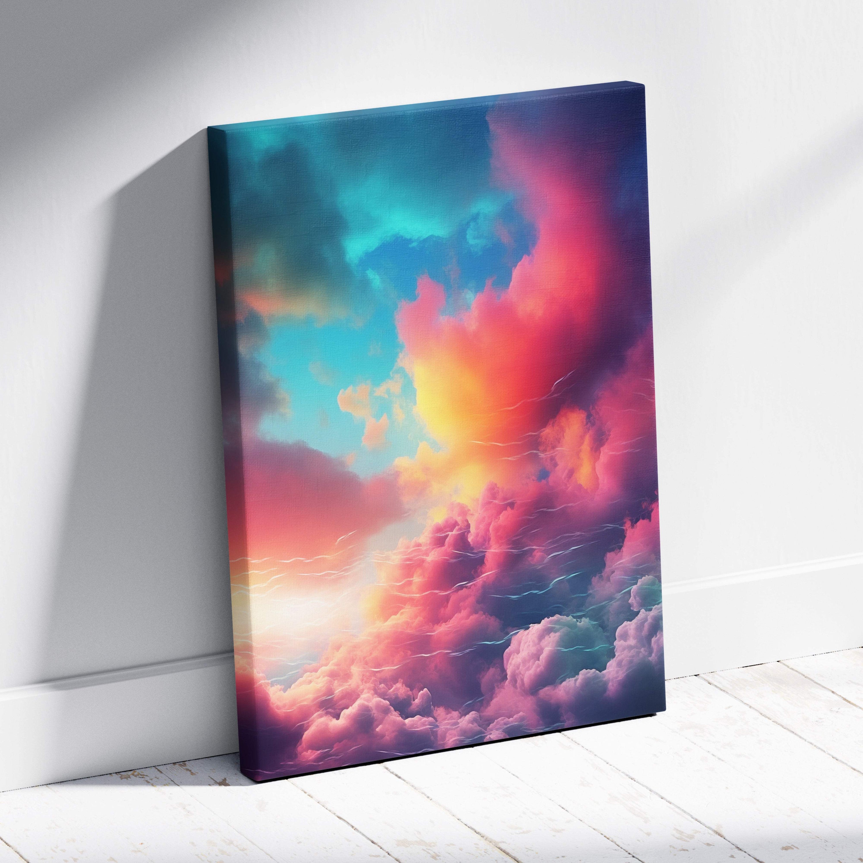 Vibrant canvas print of dreamy colorful sky with swirling teal pink orange and purple clouds abstract fantasy wall decor