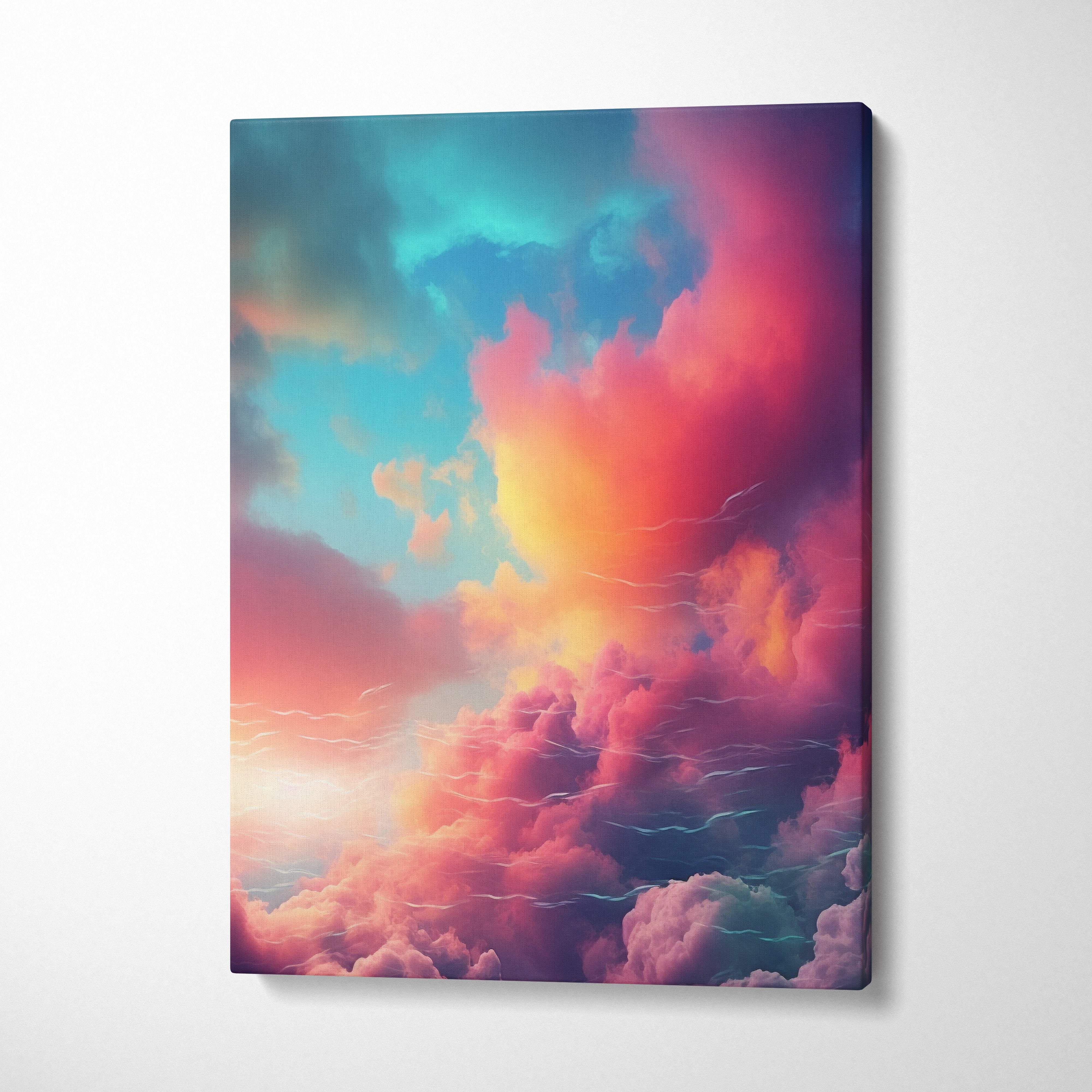 Vibrant canvas print of surreal sky with swirling pink orange and teal clouds for abstract fantasy wall decor