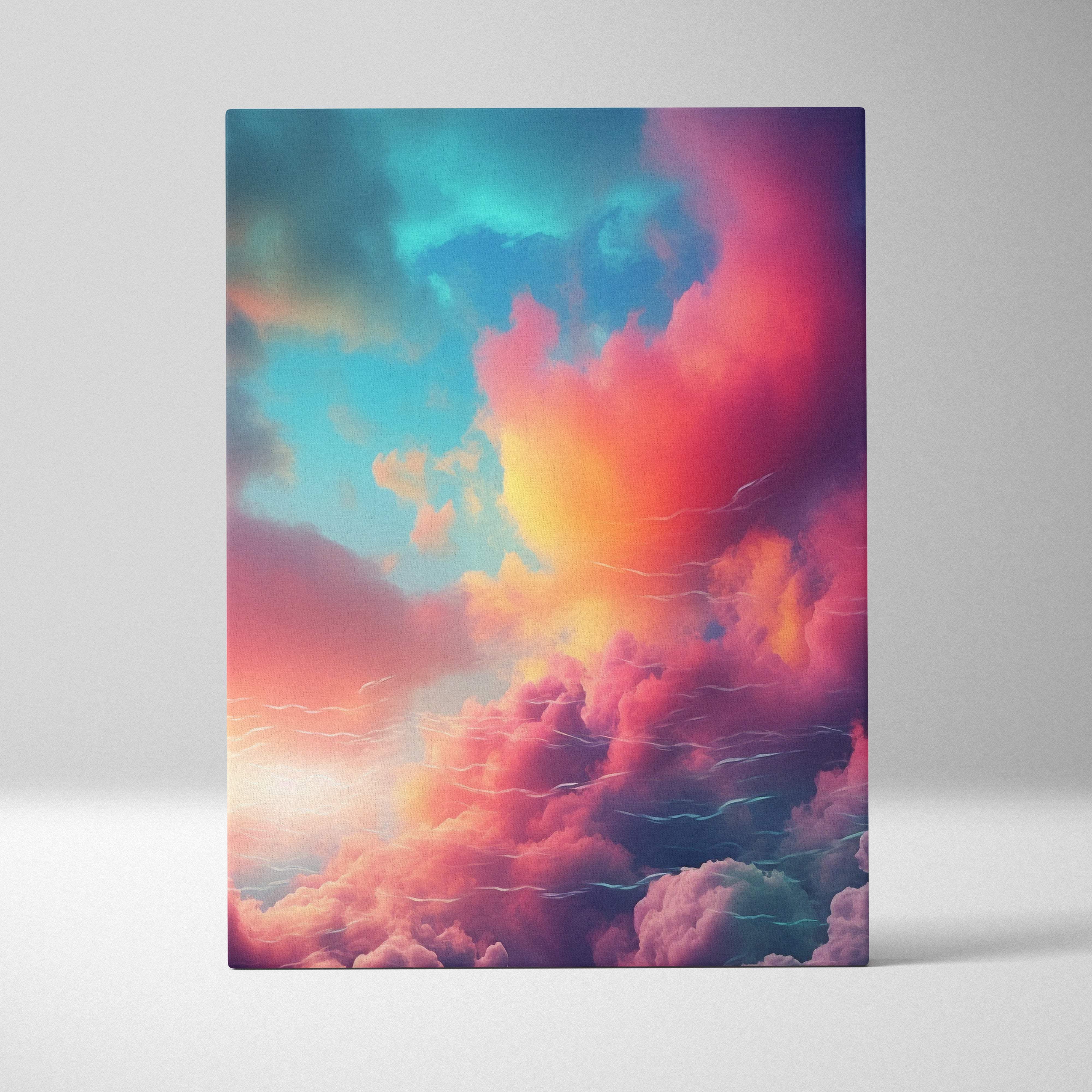 Dreamy colorful sky canvas art featuring vibrant swirling pink orange and teal clouds in an abstract sunset glow design
