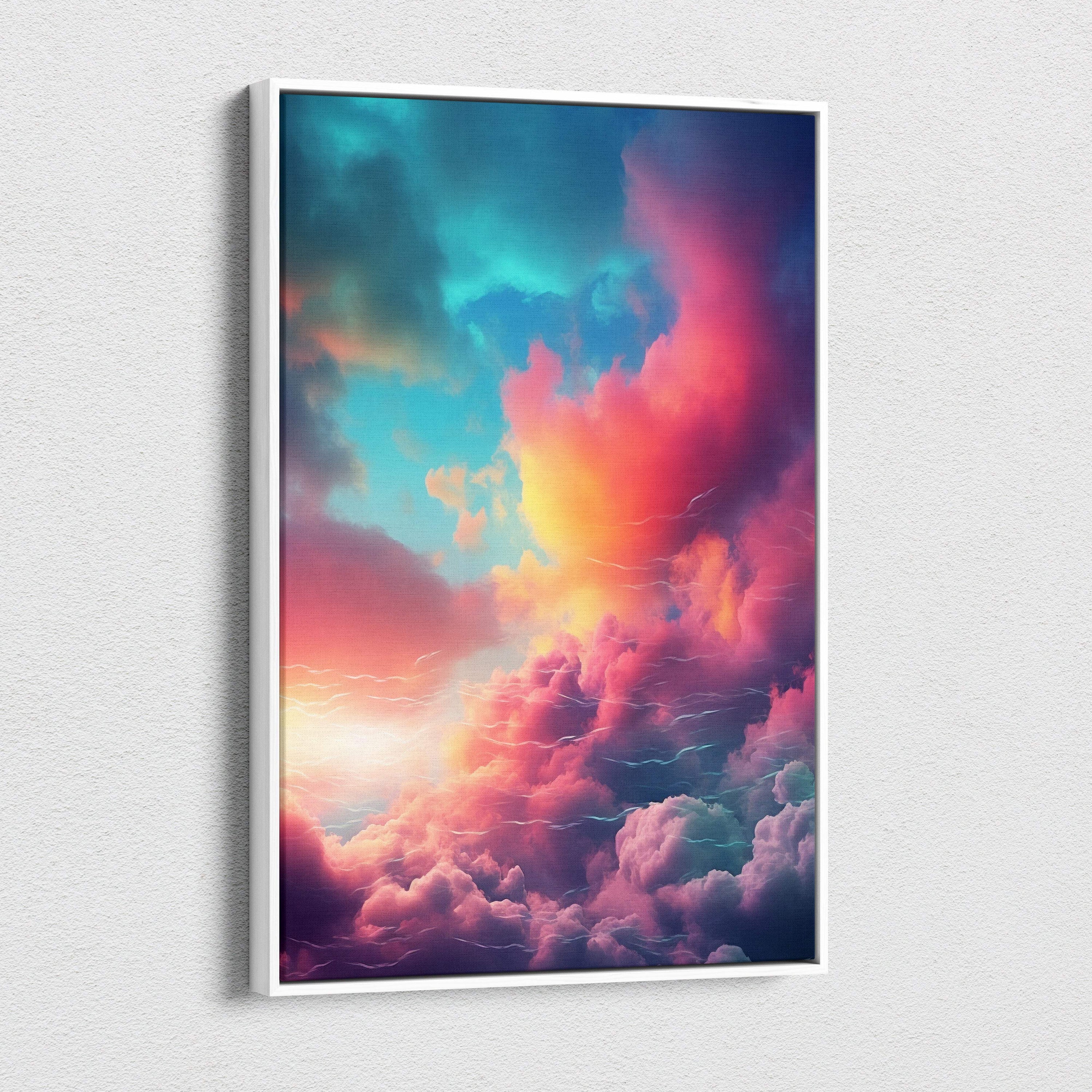 Vibrant abstract cloudscape canvas print with sunset glow in a sleek white frame for colorful wall decor
