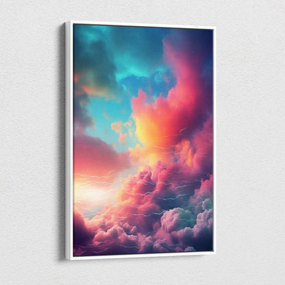 Vibrant abstract cloudscape canvas print with sunset glow in a sleek white frame for colorful wall decor