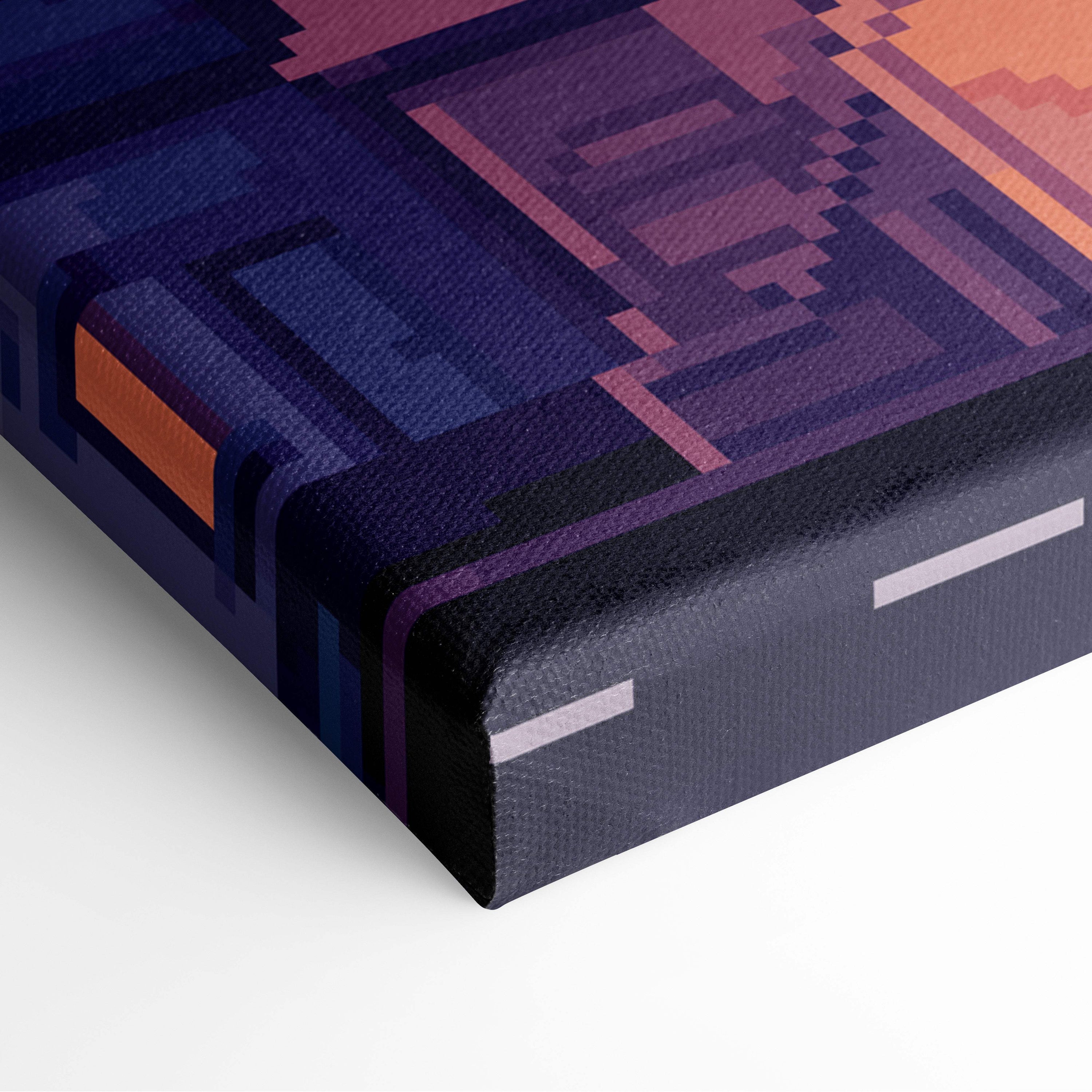 Blue city night pixel art canvas print features a stylized blocky cityscape in deep purples and oranges for urban decor