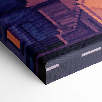 Blue city night pixel art canvas print features a stylized blocky cityscape in deep purples and oranges for urban decor