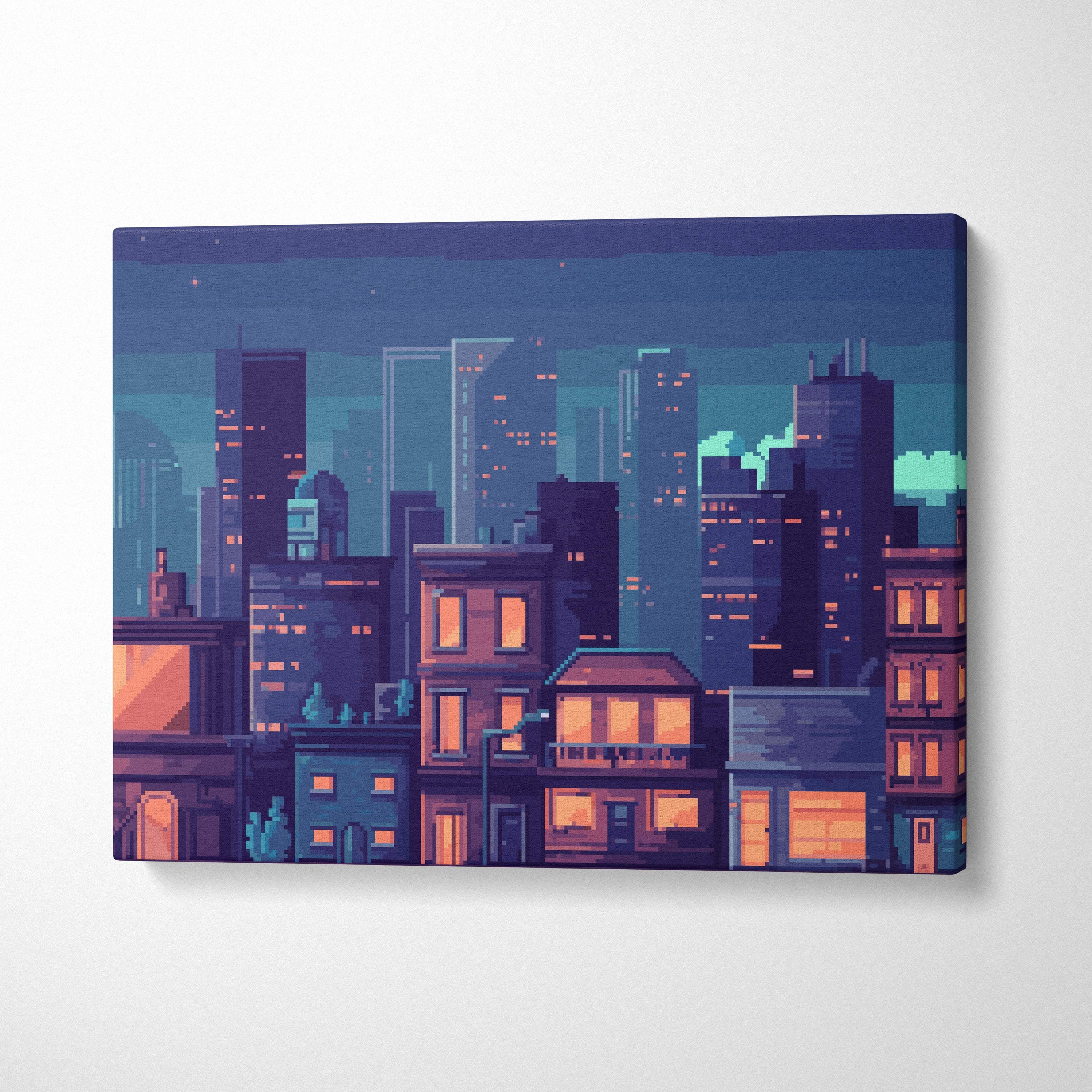 Blue city night pixel art canvas print showing a vibrant urban skyline with glowing orange windows and deep blue sky