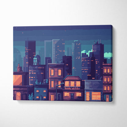 Blue city night pixel art canvas print showing a vibrant urban skyline with glowing orange windows and deep blue sky