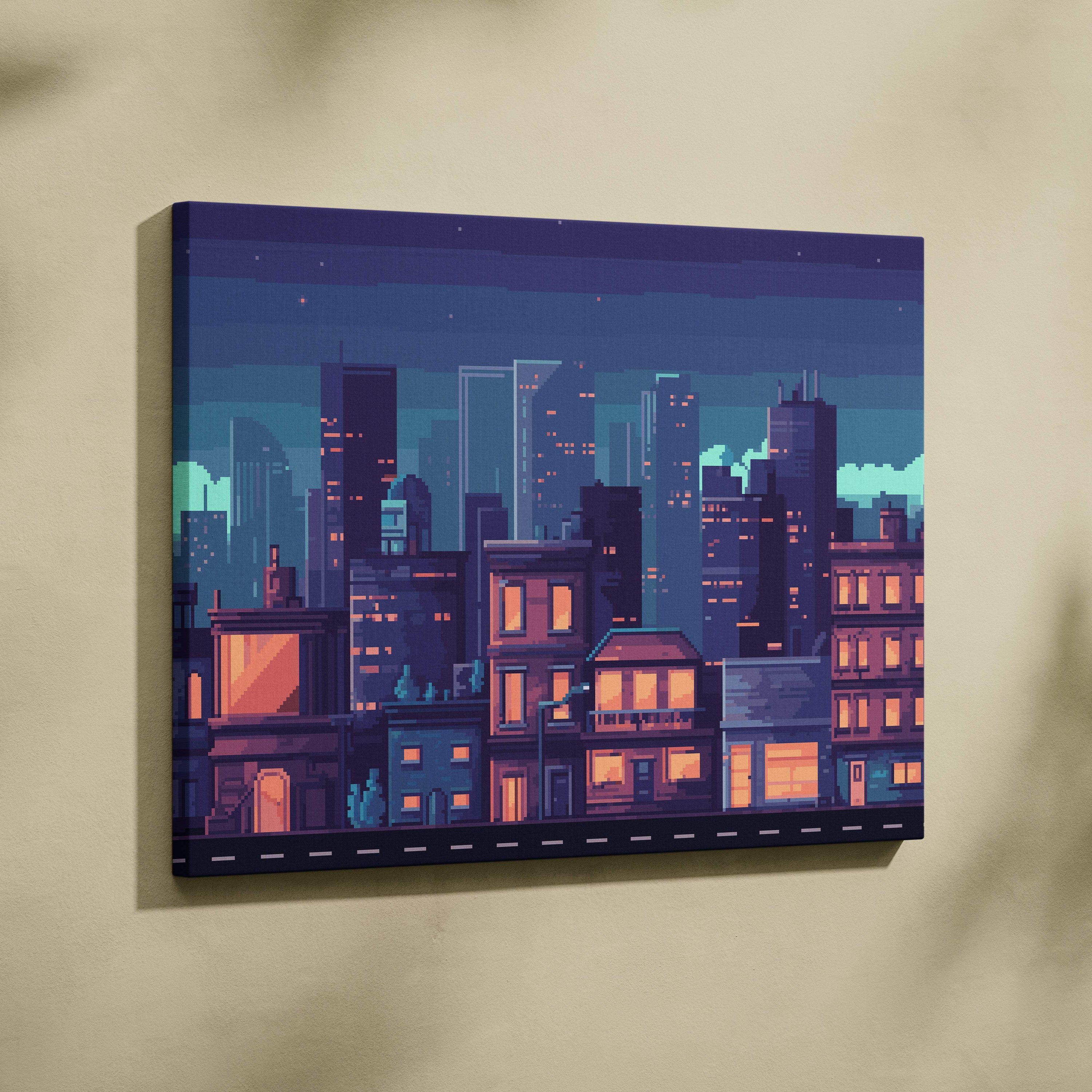 Blue city night pixel art canvas print with vibrant orange and teal lights on deep purple night sky for urban decor