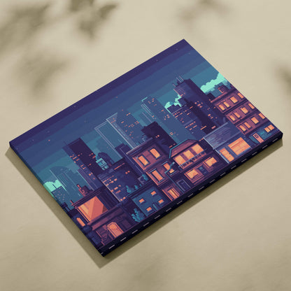 Blue city night pixel art canvas print of a rectangular cityscape with glowing orange windows and deep blue skyscrapers
